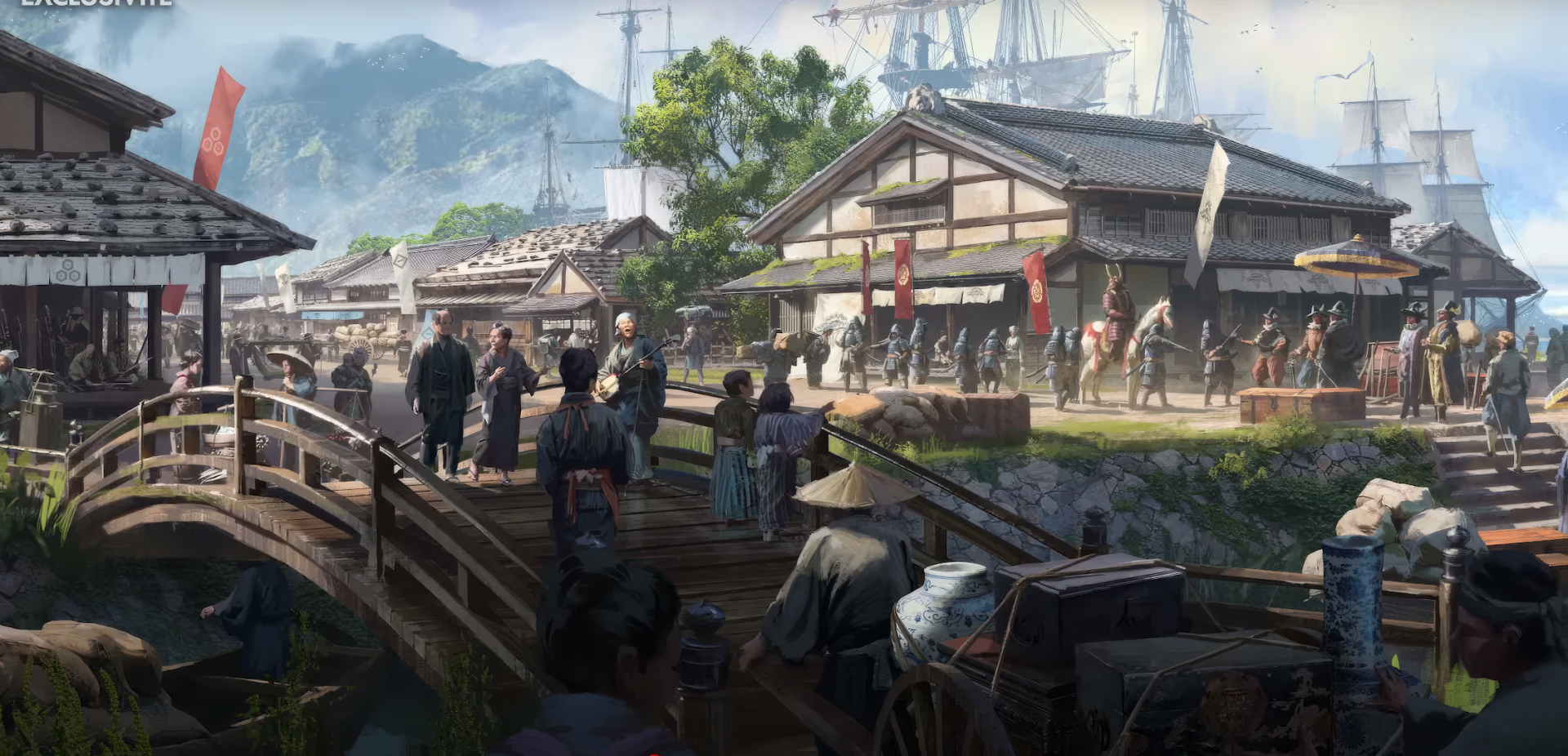 HD desktop wallpaper for Assassin's Creed Shadows, depicting a detailed, bustling village scene with traditional buildings and people in historical attire, set against a scenic mountainous background.