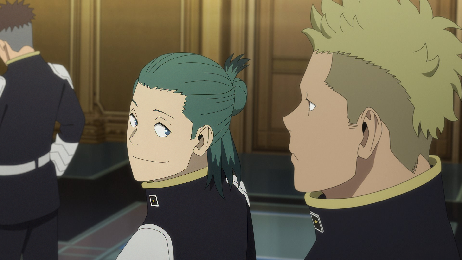 HD desktop wallpaper featuring an anime scene from Kaiju No. 8, with two characters in military-style uniforms, one looking back with a smile.