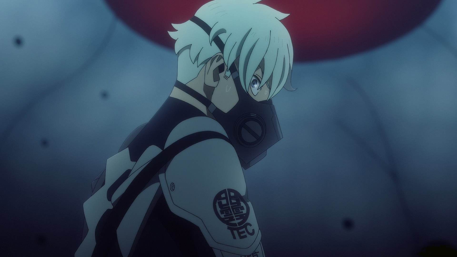 HD desktop wallpaper from the anime Kaiju No. 8, featuring a character with white hair and a gas mask, wearing a uniform with the TEC emblem.