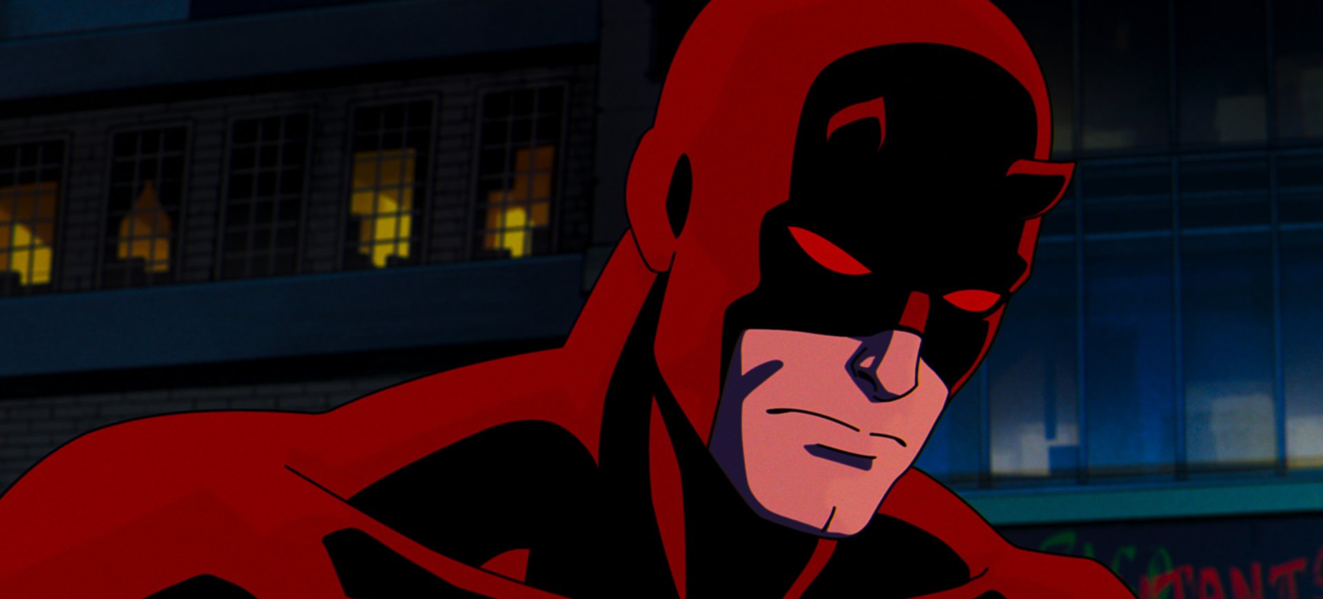 HD desktop wallpaper featuring Daredevil from the TV show X-Men '97, portraying him in a dark, urban setting with a building in the background.