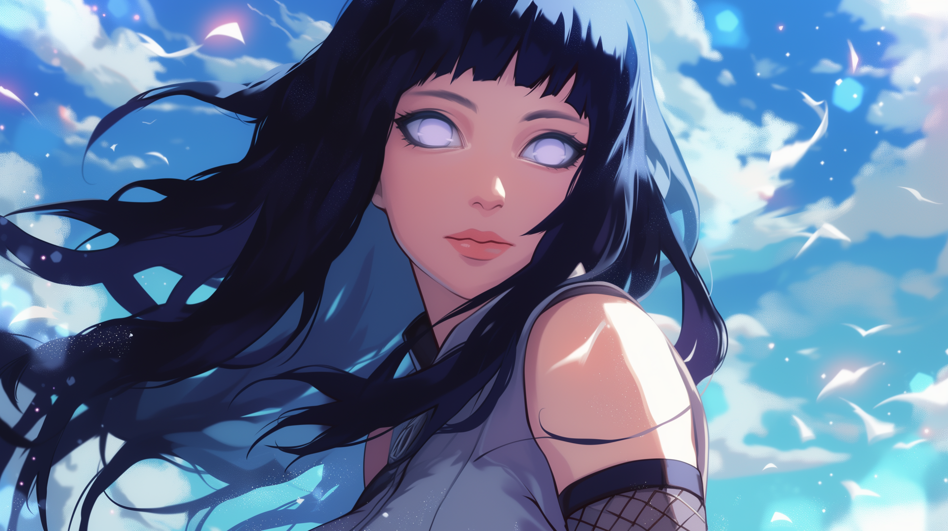 HD desktop wallpaper of Hinata Hyuga from Naruto anime, featuring her with flowing dark hair against a bright, partly cloudy sky background.