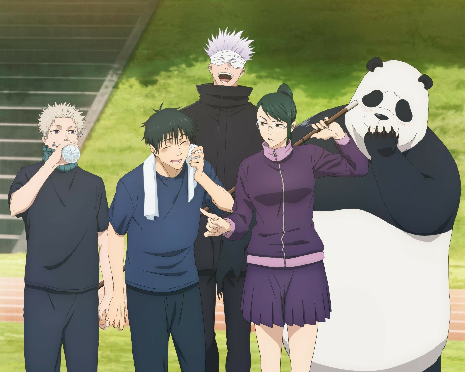 HD anime wallpaper featuring Jujutsu Kaisen characters standing casually outdoors, showcasing their unique personalities in vibrant colors and detailed art style.