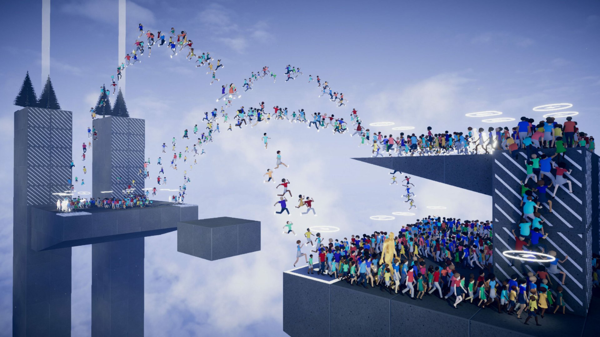 HD desktop wallpaper featuring a scene from the video game Humanity (2024) showcasing crowds of people navigating abstract, elevated platforms in a blue, cloud-filled sky.