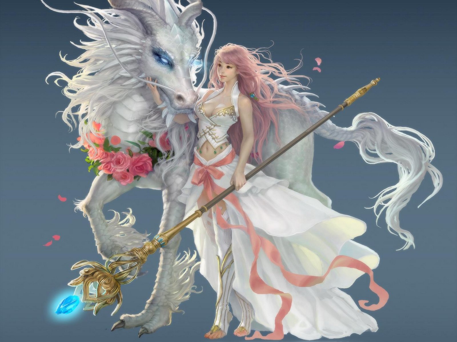 A fantasy-themed HD desktop wallpaper featuring a woman with pink hair, standing beside a majestic unicorn adorned with roses, holding a magical staff.
