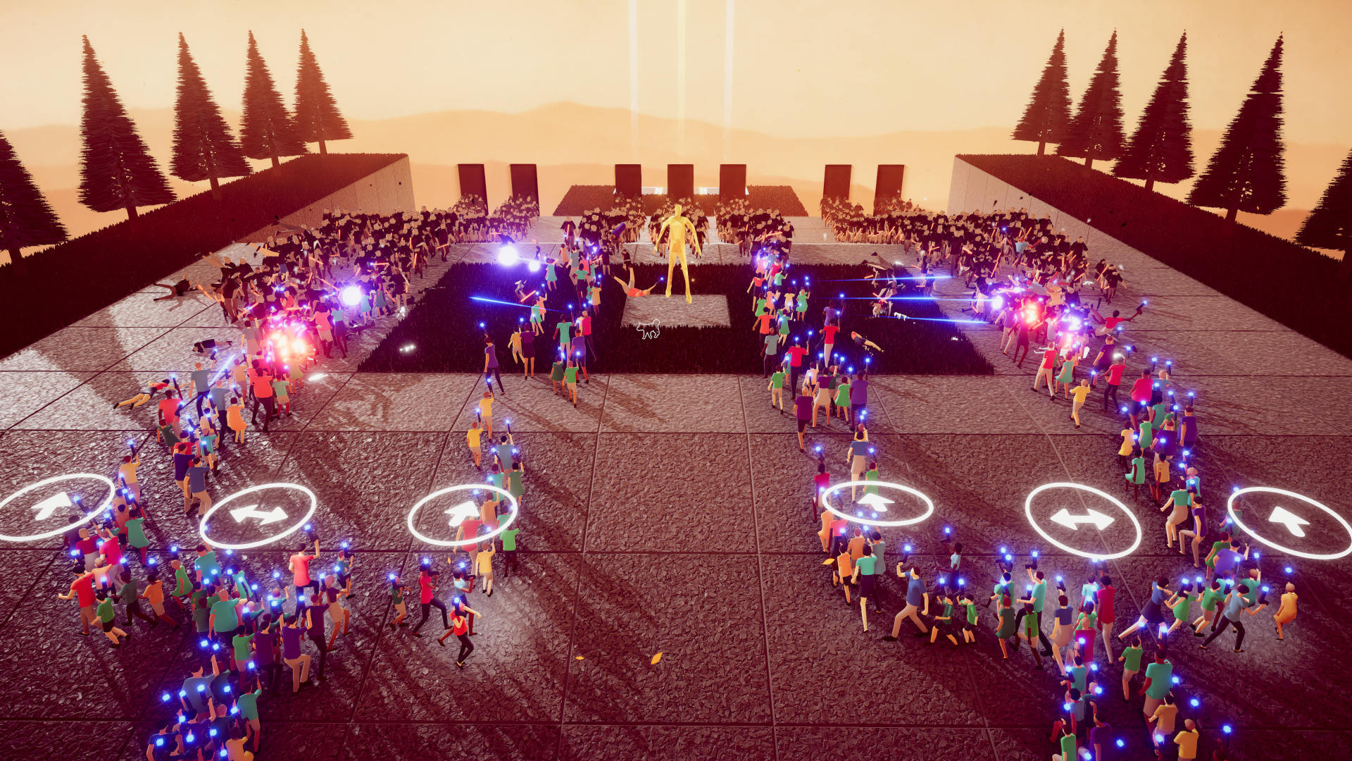 HD desktop wallpaper featuring a vibrant scene from the 2024 video game Humanity, showcasing a futuristic, crowded platform with lights and geometric designs.