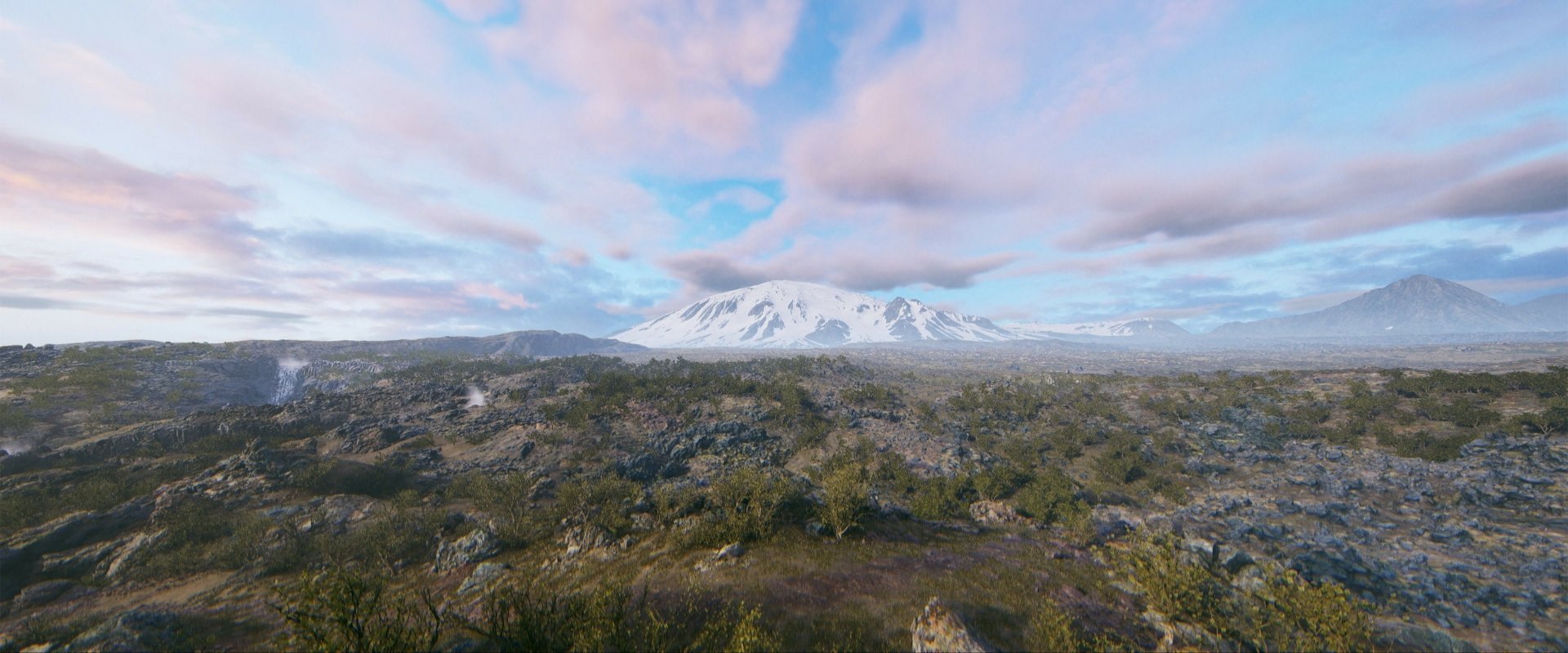 HD desktop wallpaper and background from the video game Senua's Saga: Hellblade II featuring a vast, serene landscape with a snow-capped mountain under a vibrant, partly cloudy sky.