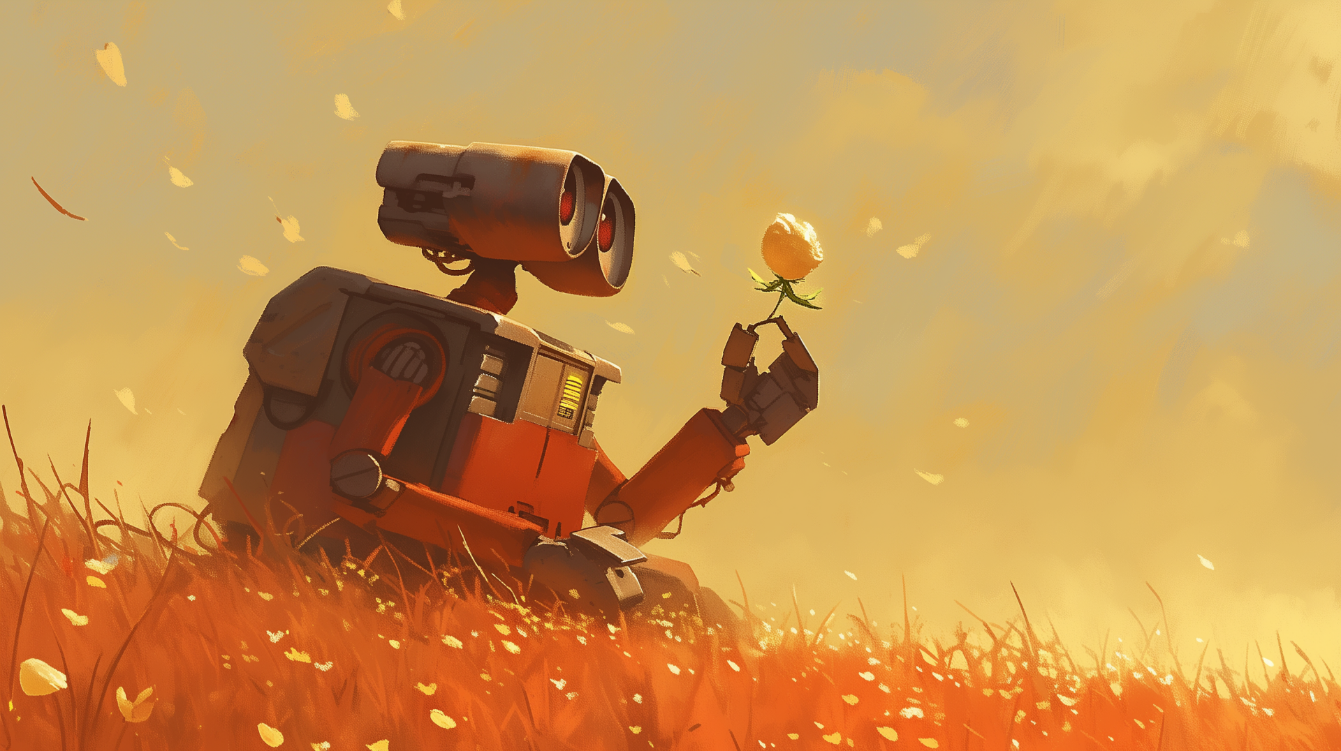 HD desktop wallpaper and background featuring Wall·E, the character from the movie Wall·E, sitting in a field holding a flower against a warm, golden sky.