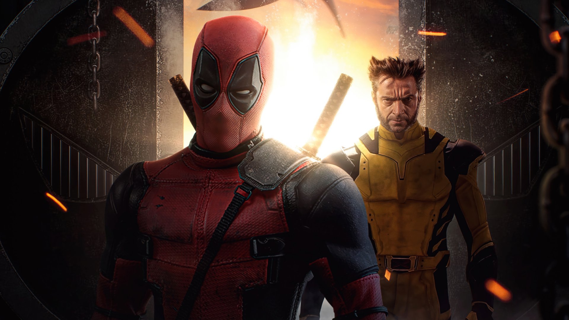 HD desktop wallpaper featuring Deadpool in his signature red suit and Wolverine in a yellow suit with a dramatic background.