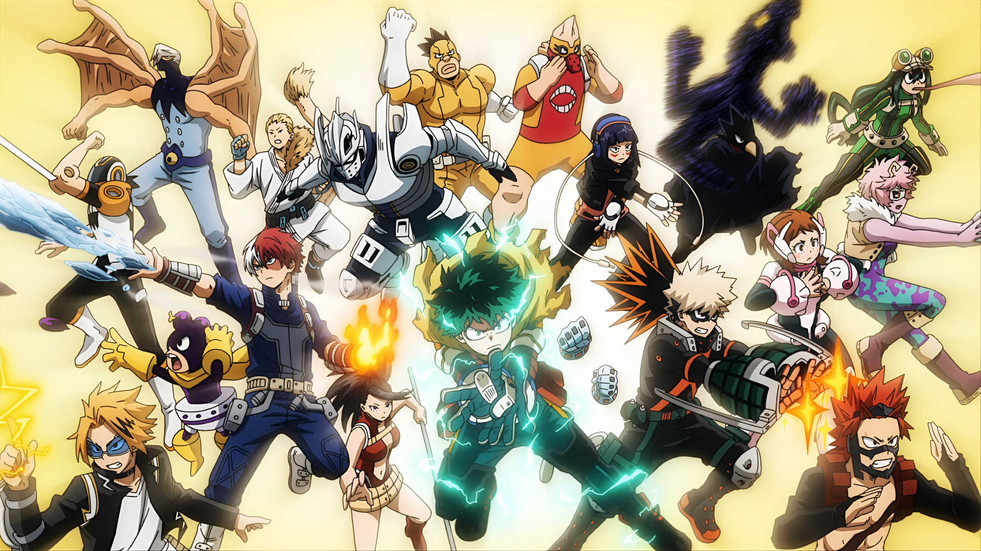 4K Ultra HD My Hero Academia anime wallpaper featuring multiple heroes in dynamic action poses, showcasing vibrant colors and detailed character designs.