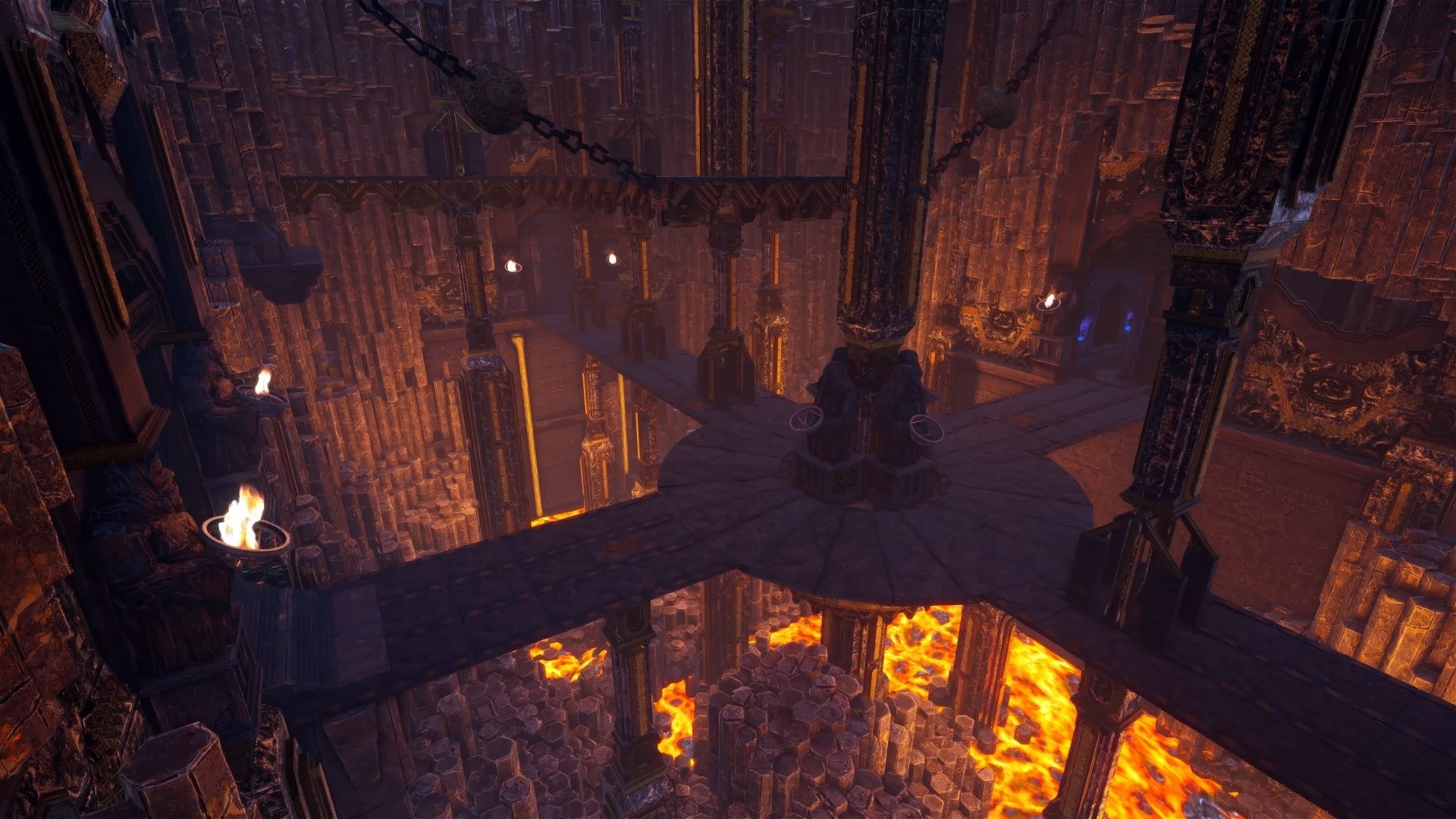 HD desktop wallpaper and background featuring a stunning scene from the video game Rise Online, showcasing an intricate, glowing lava-filled cavern with grand stone structures and warm, ambient lighting.