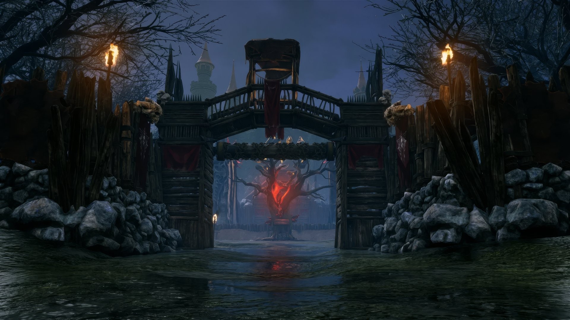 HD desktop wallpaper featuring a gloomy scene from the video game Rise Online, with a dark gate, eerie lighting, and a glowing tree surrounded by mist.