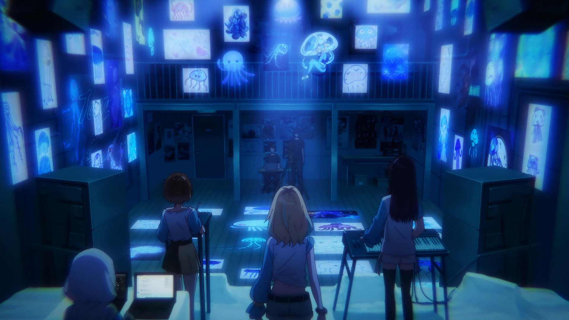 Anime-style scene from Jellyfish Can’t Swim in the Night, featuring characters observing illuminated jellyfish images on multiple screens in a dimly lit room. HD desktop wallpaper background.