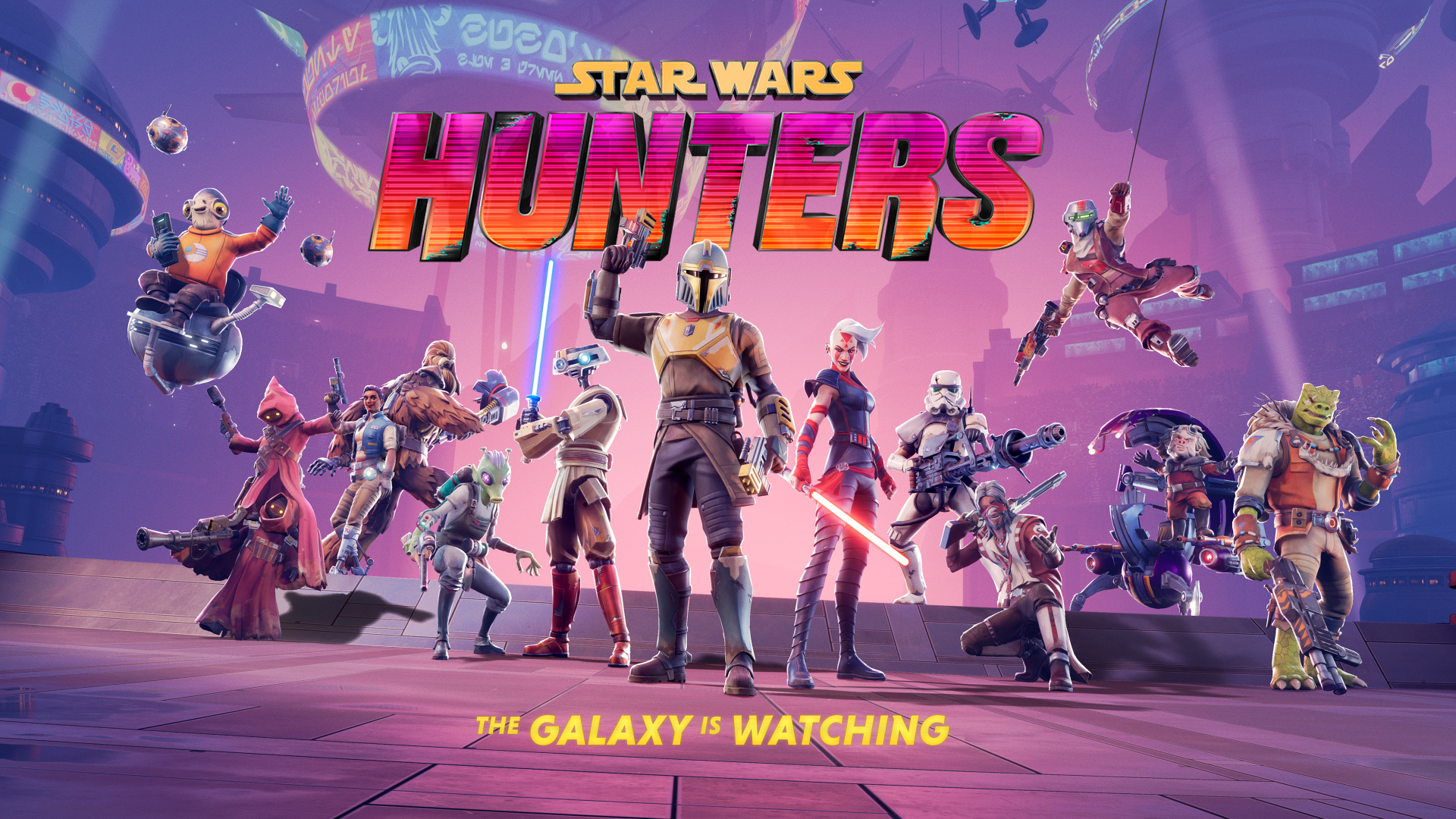 HD desktop wallpaper featuring characters from the video game Star Wars: Hunters with bold text stating The Galaxy is Watching.