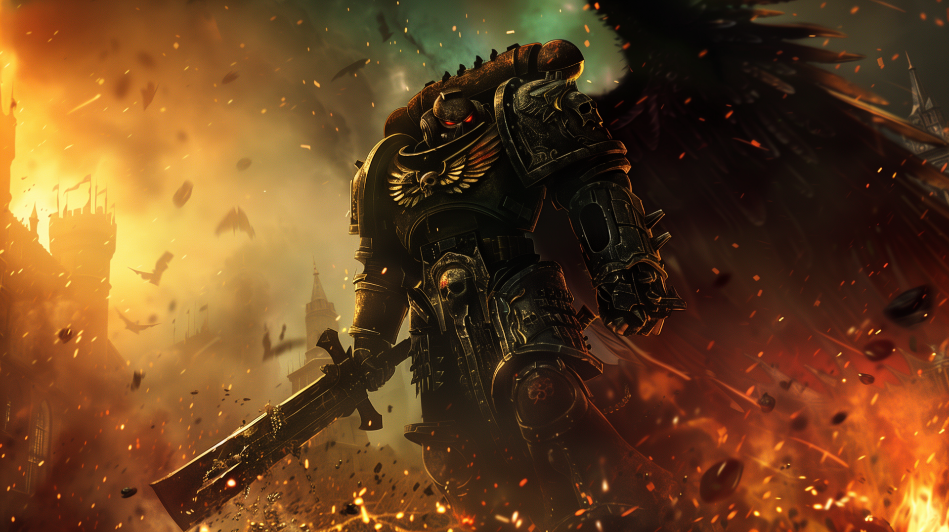 HD wallpaper featuring a Warhammer 40k Space Marine in dark armor standing amidst a fiery battlefield, wings extended and holding a large weapon, embodying the intense and epic nature of the video game.