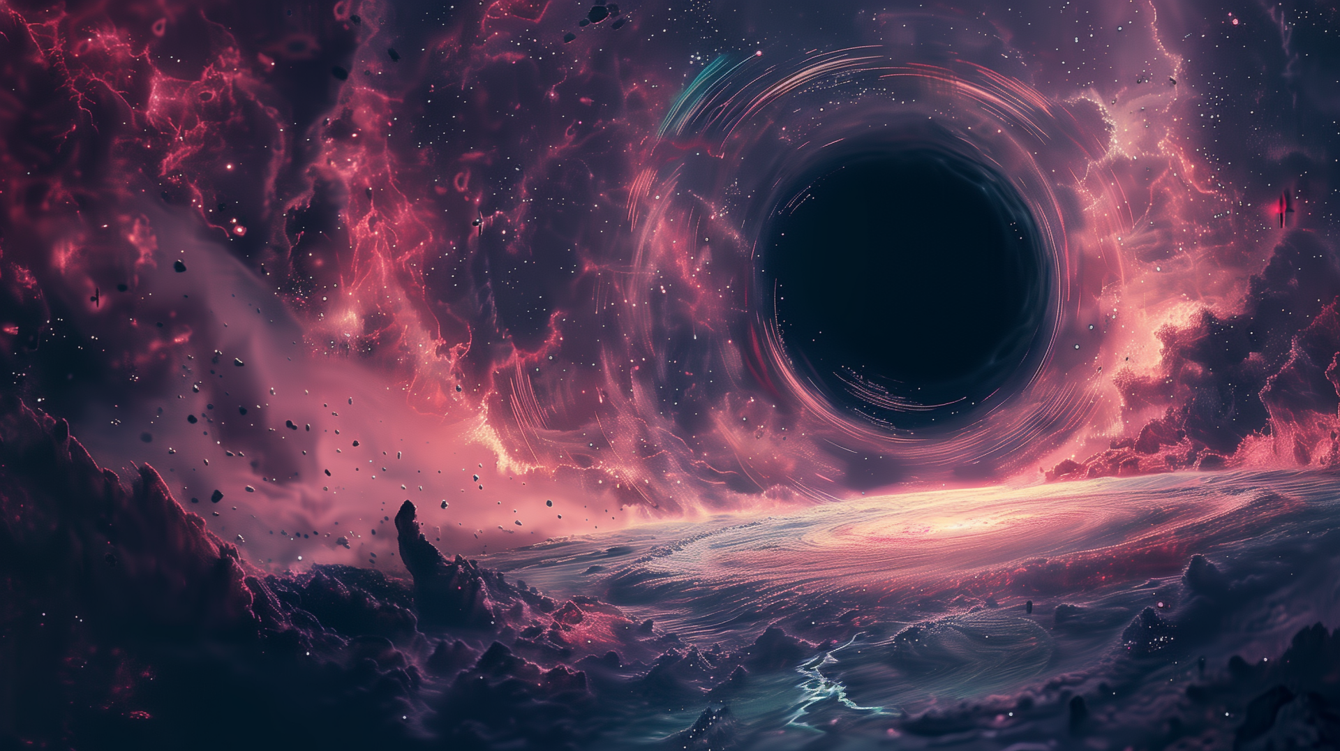 HD desktop wallpaper featuring a mesmerizing sci-fi scene of a black hole surrounded by swirling cosmic colors in space.