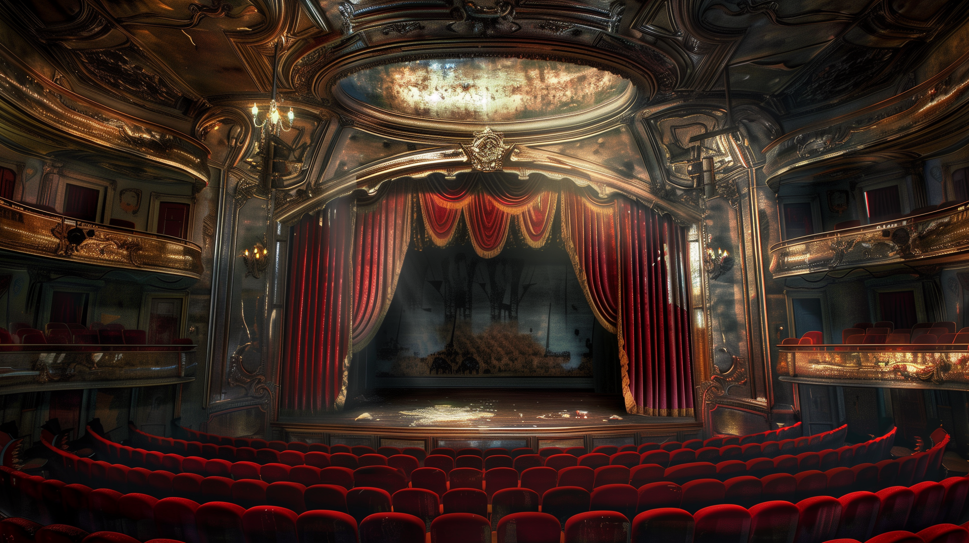 HD theater desktop wallpaper and background featuring an ornate, vintage-style theater interior with red velvet seats, a grand stage curtain, and intricate architectural details.