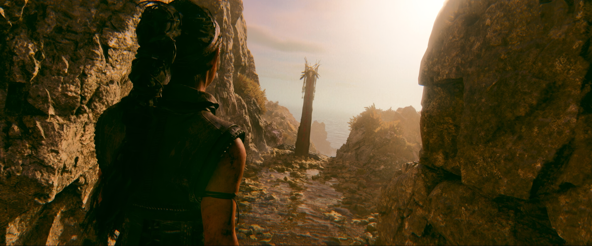 HD desktop wallpaper and background featuring a scene from the video game Senua's Saga: Hellblade II. A character gazes down a rugged path towards a misty horizon with rocky cliffs on either side.
