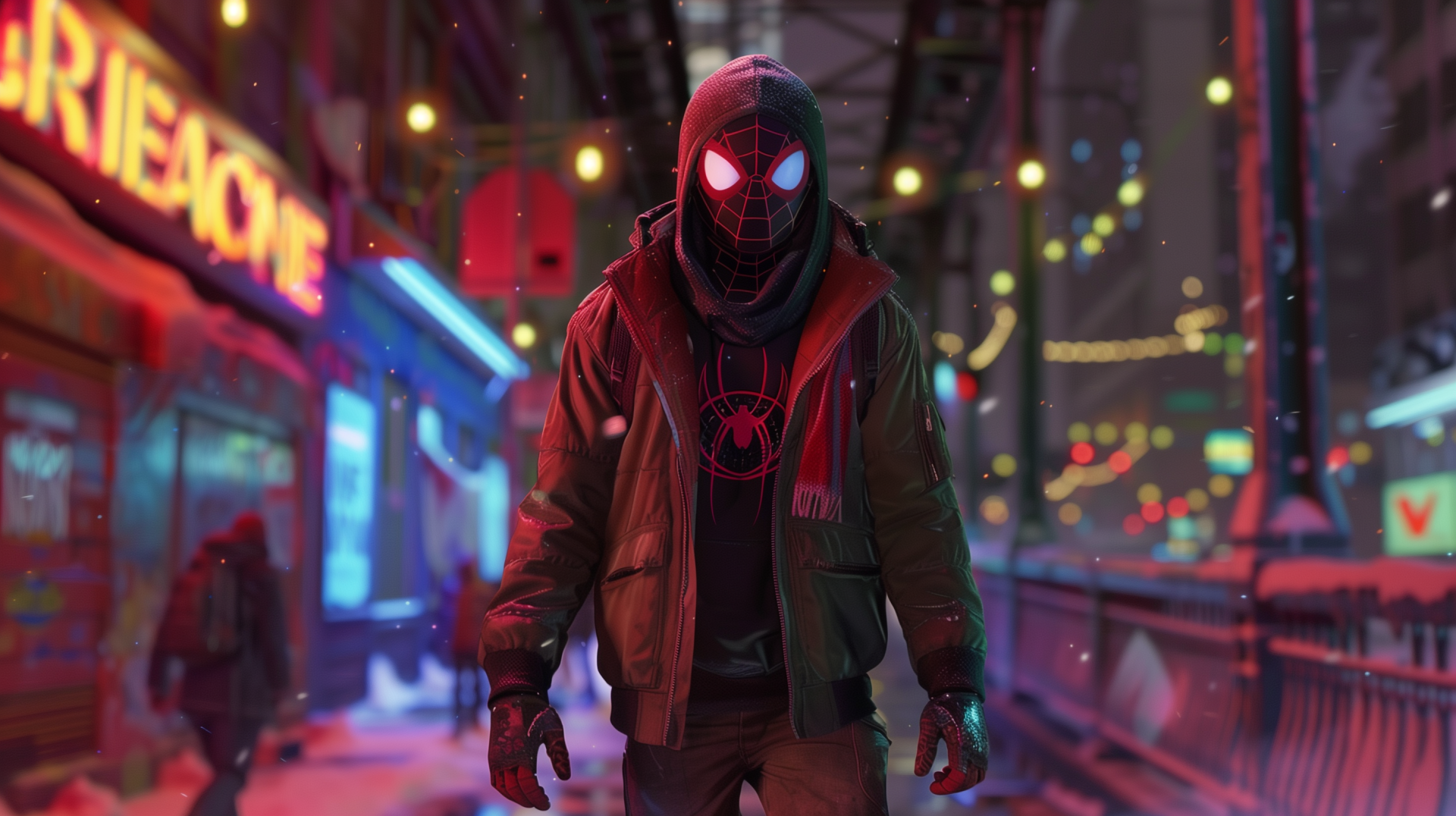 HD desktop wallpaper featuring Miles Morales in a dark, snowy urban environment with brightly lit signs and neon lights in the background.
