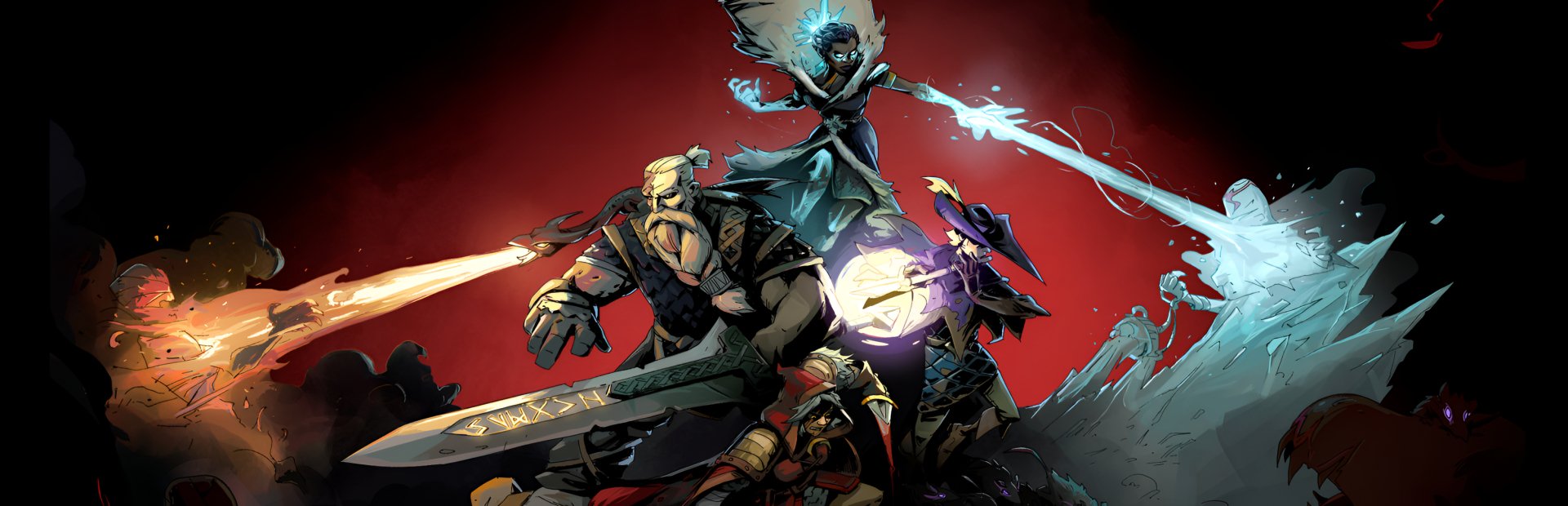 HD desktop wallpaper featuring vivid artwork from the video game Ravenswatch, showcasing powerful fantasy characters in an action-packed scene against a dark red background.