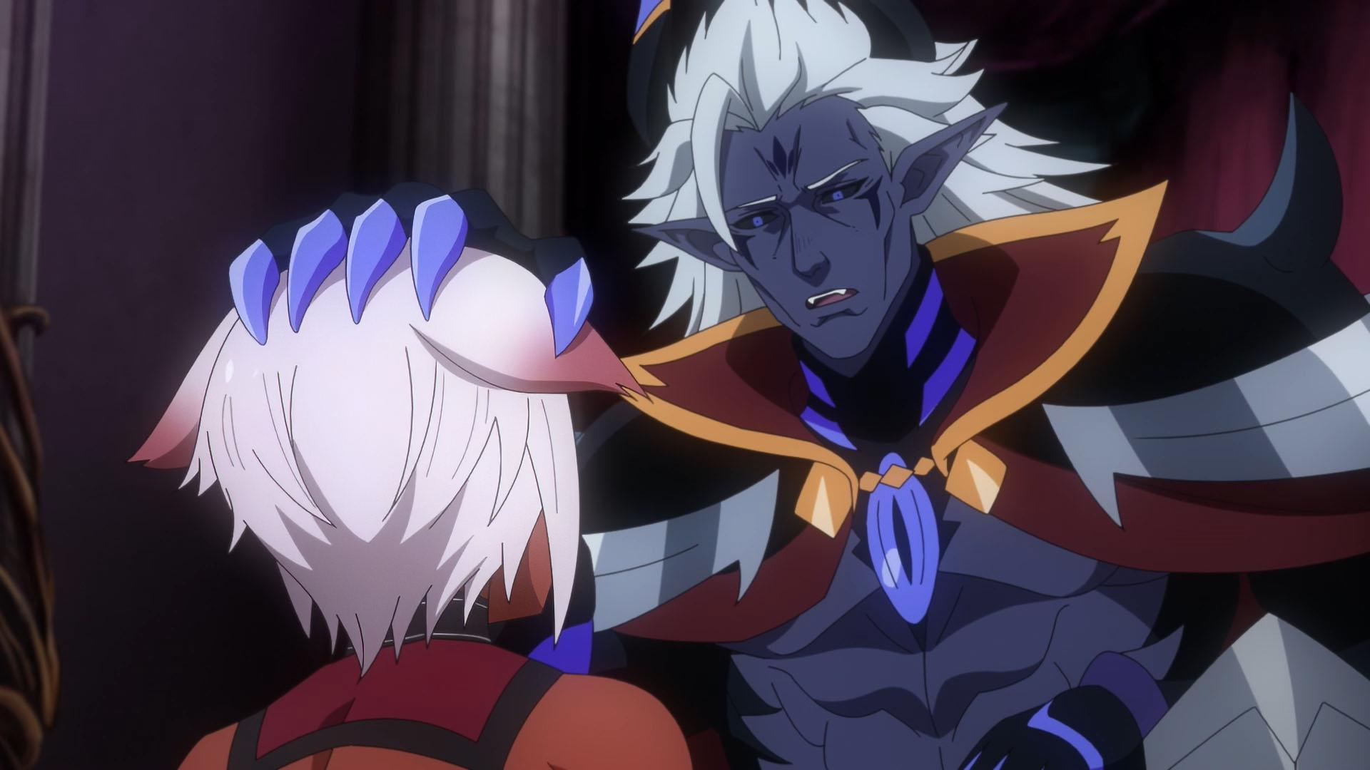 Anime scene from Chillin' in Another World with Level 2 Super Cheat Powers, featuring a dark-skinned, silver-haired character gripping a white-haired character's head in a dramatic moment. HD desktop wallpaper.