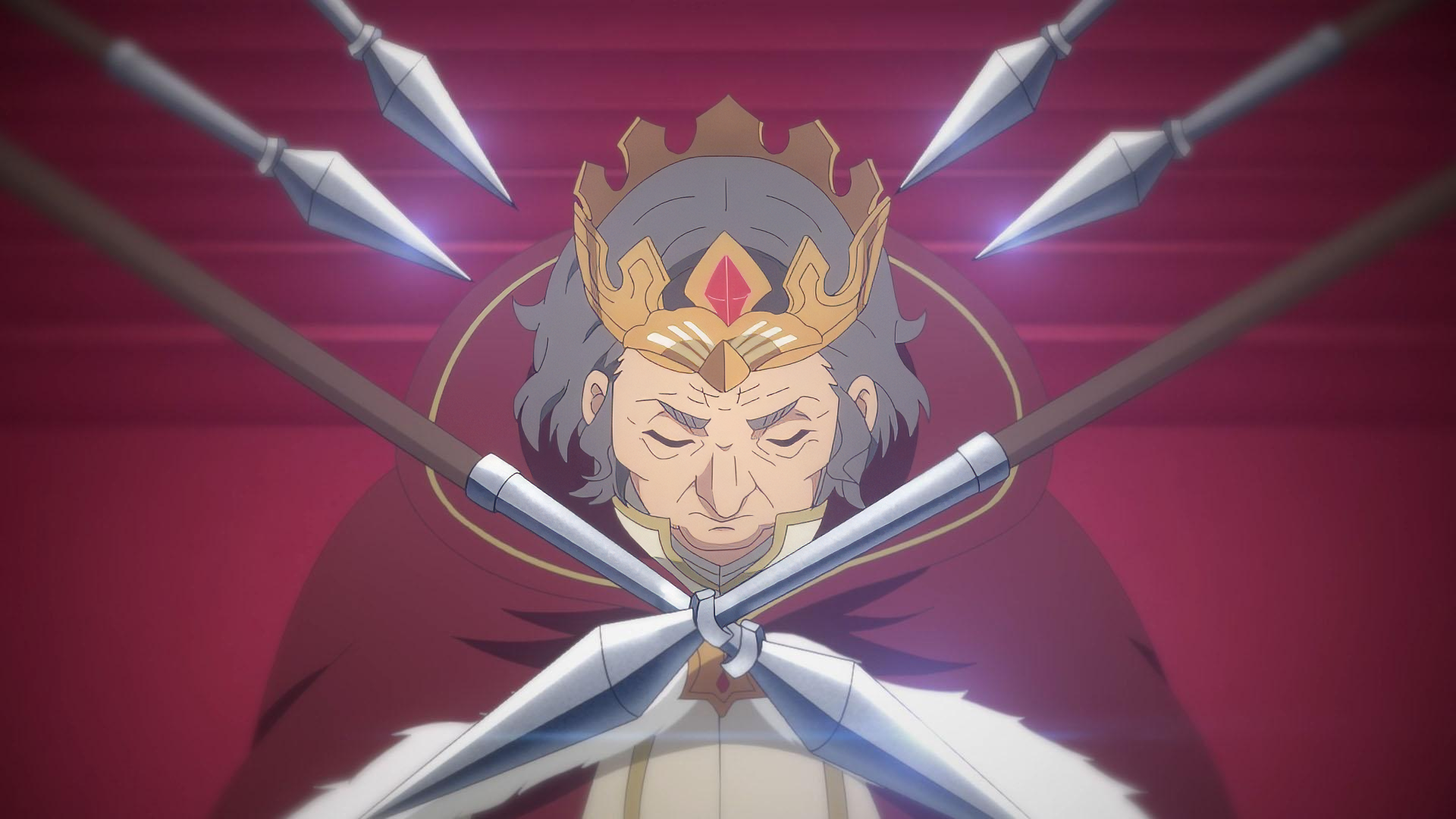 HD wallpaper of Chillin' in Another World with Level 2 Super Cheat Powers featuring an elder king with a crown, surrounded by glowing arrows pointing at him against a red background.