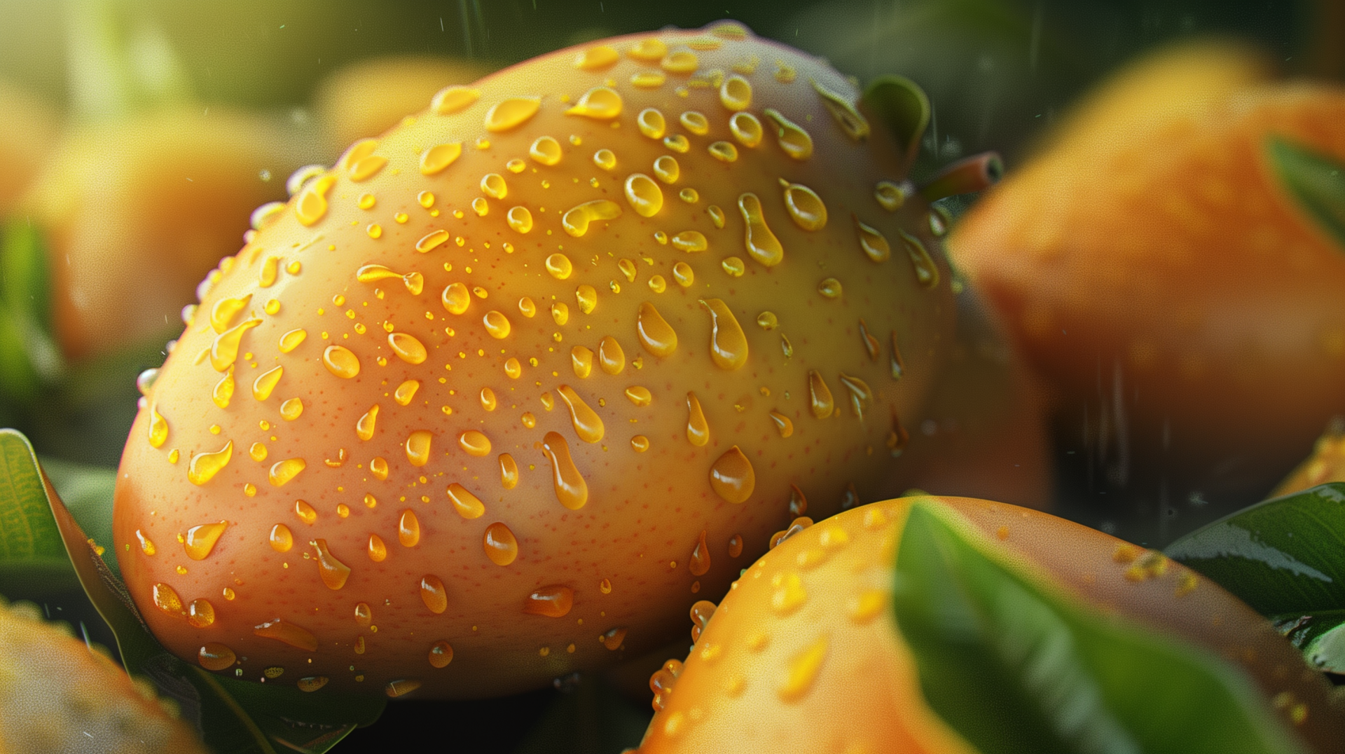 HD desktop wallpaper featuring a close-up of fresh mangoes with water droplets, highlighting their vibrant orange color and natural texture, amidst green leaves.