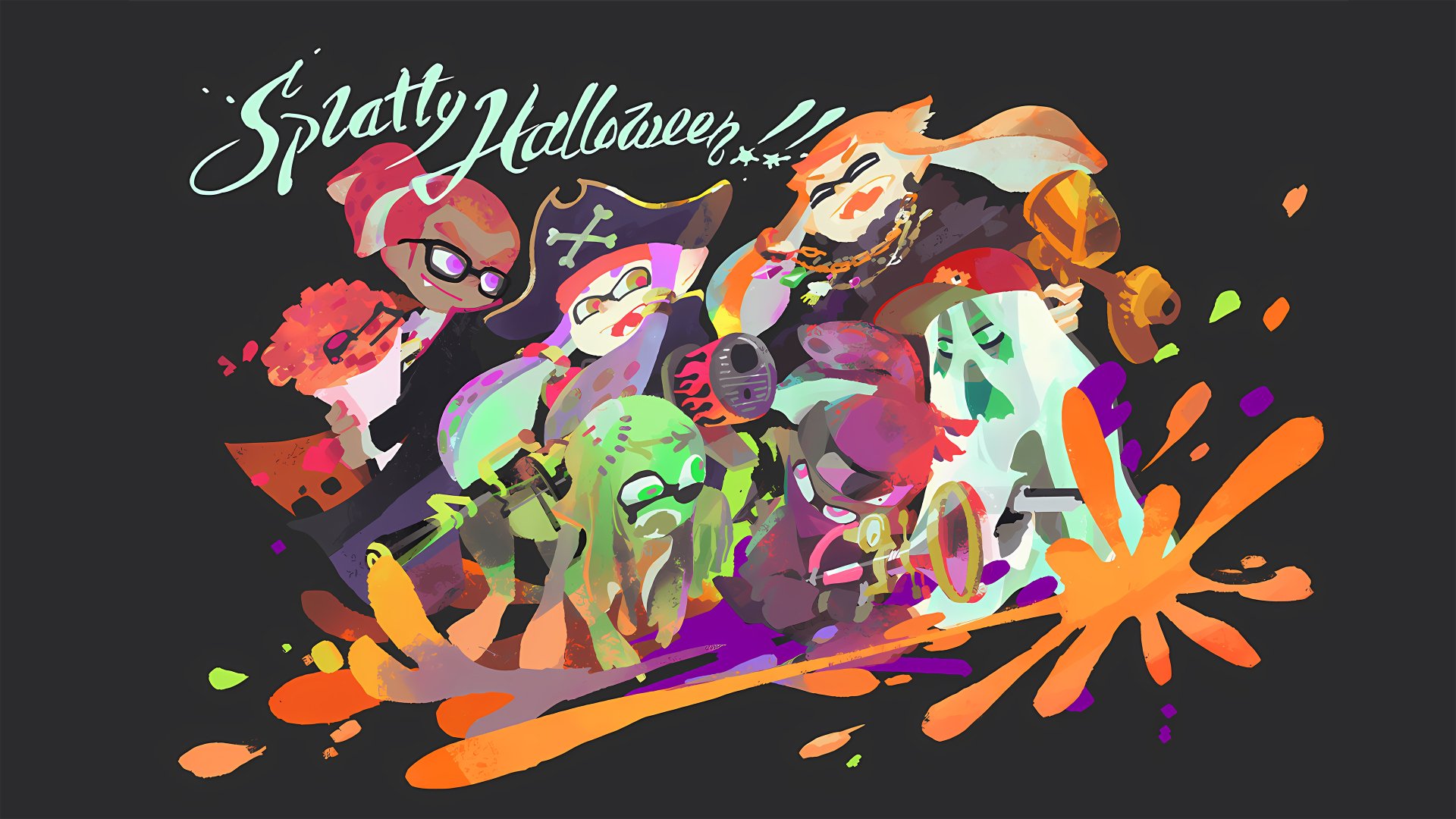 A vibrant Splatoon-themed 4K Ultra HD desktop wallpaper featuring Halloween-inspired characters and colorful ink splashes on a dark background.