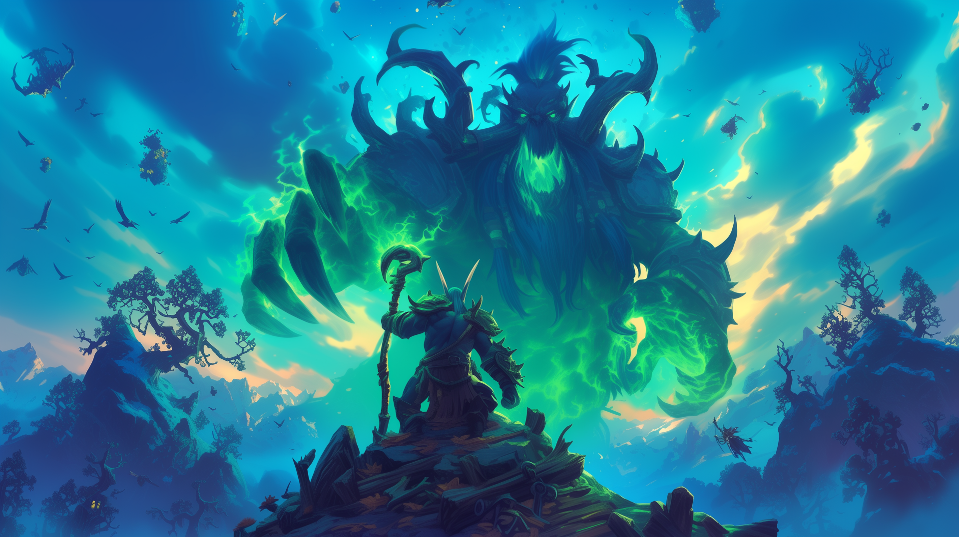 A high-definition desktop wallpaper featuring a shaman from World of Warcraft, poised with a staff against a mystical, large, green glowing creature in an enchanting, vibrant, fantasy landscape.