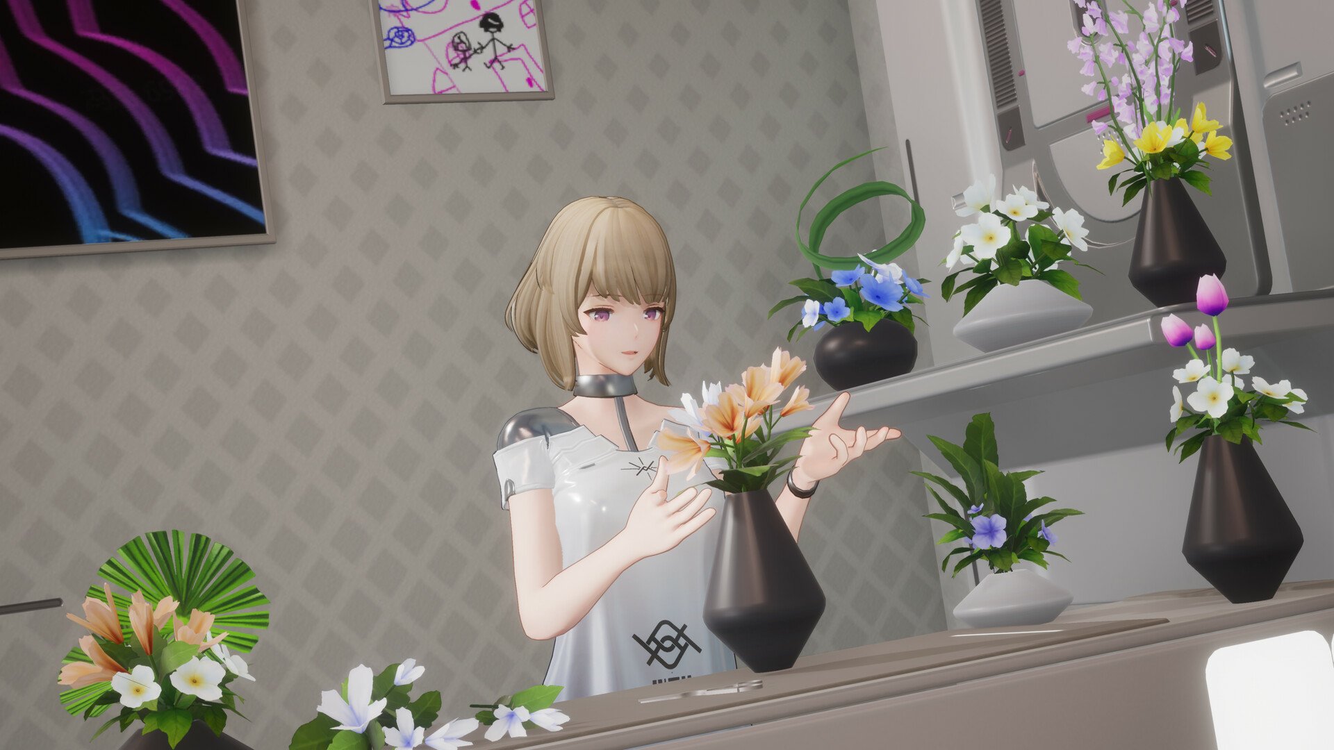 A serene scene from the video game Snowbreak: Containment Zone, featuring a character arranging flowers in a stylish, modern room. HD desktop wallpaper background.