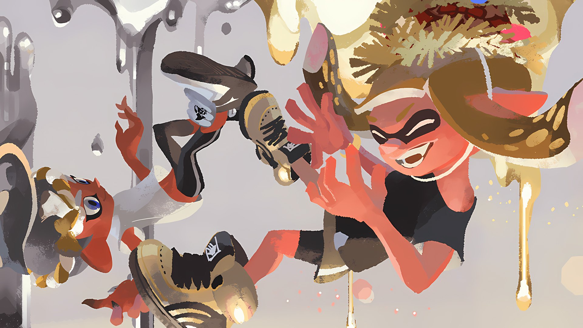 HD PC desktop wallpaper featuring vibrant characters from Splatoon 3 in dynamic action poses with colorful ink splatters.