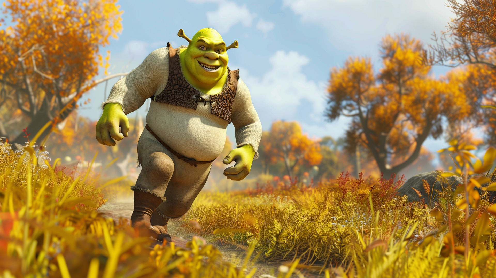 HD desktop wallpaper featuring Shrek, the ogre character from the movie, walking through a vibrant, autumn-colored forest with a cheerful expression.