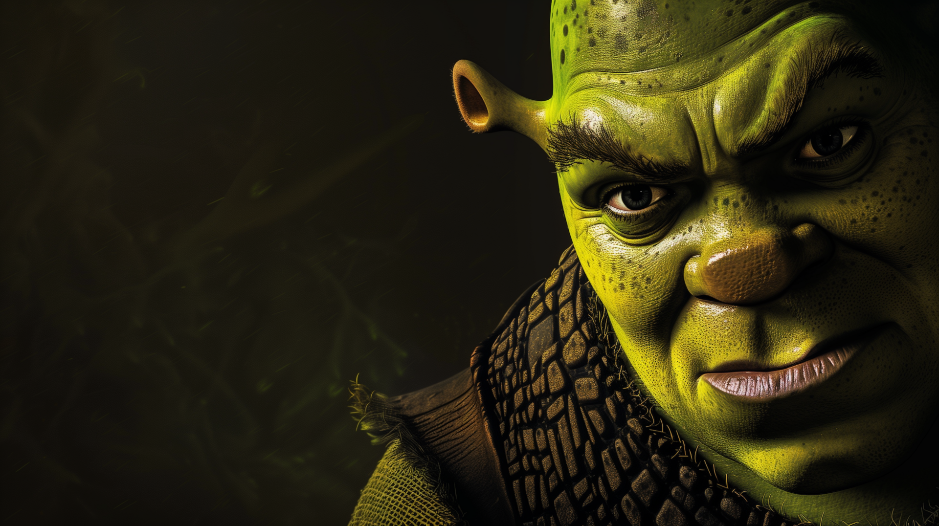 HD desktop wallpaper featuring a close-up of Shrek, the popular animated movie character, against a dark, textured background.