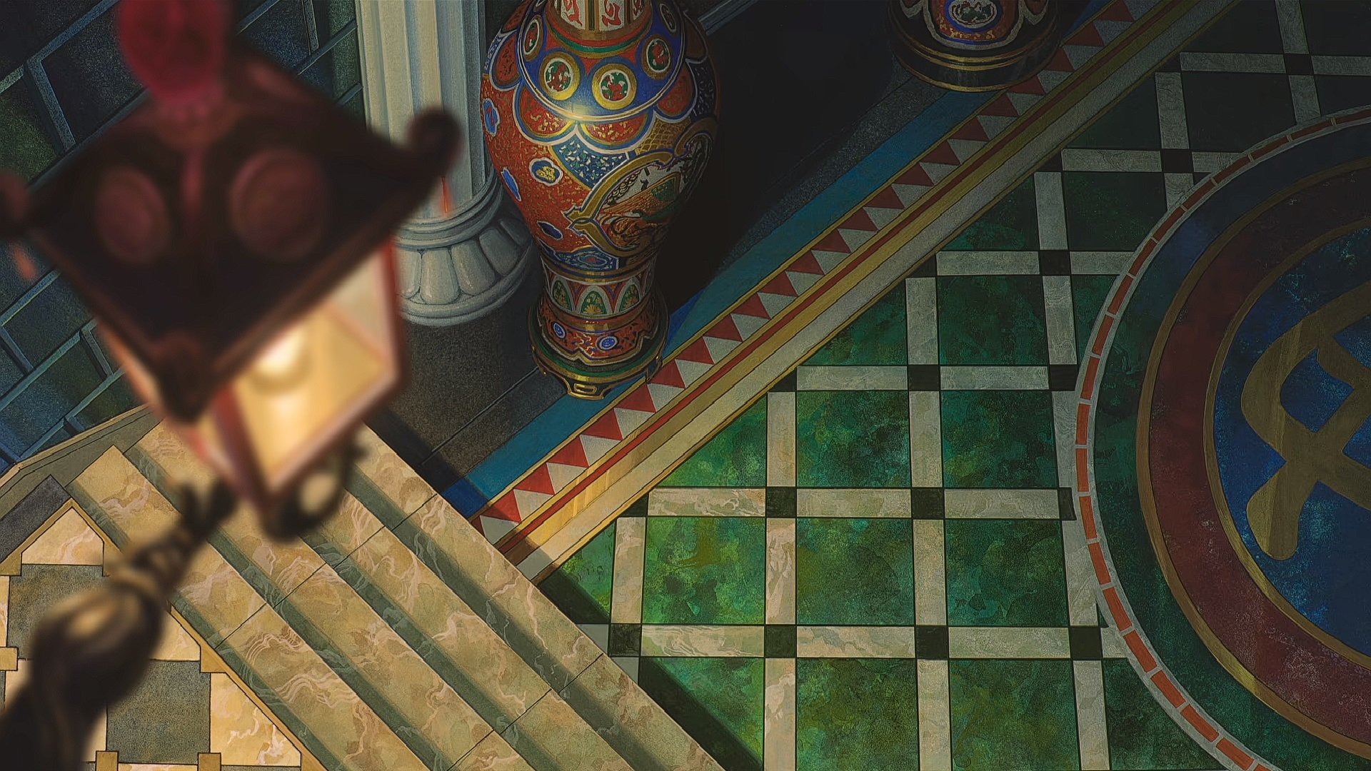 HD anime desktop wallpaper inspired by Studio Ghibli's Spirited Away featuring Chihiro's setting: lantern-lit stairs, ornate vases and a green tiled floor in a grand interior.