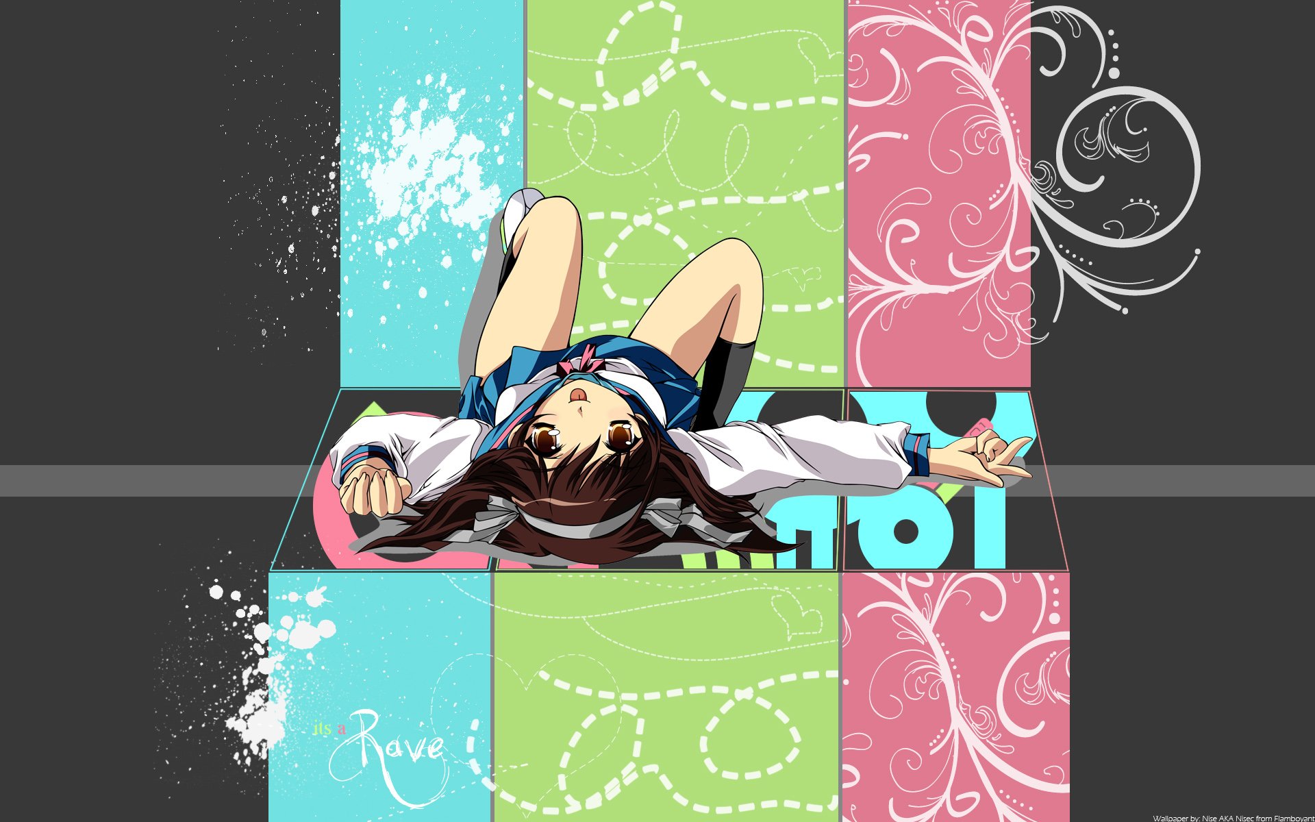 HD PC desktop wallpaper featuring Haruhi Suzumiya from the anime The Melancholy of Haruhi Suzumiya, with colorful vertical stripes and decorative swirls in the background.