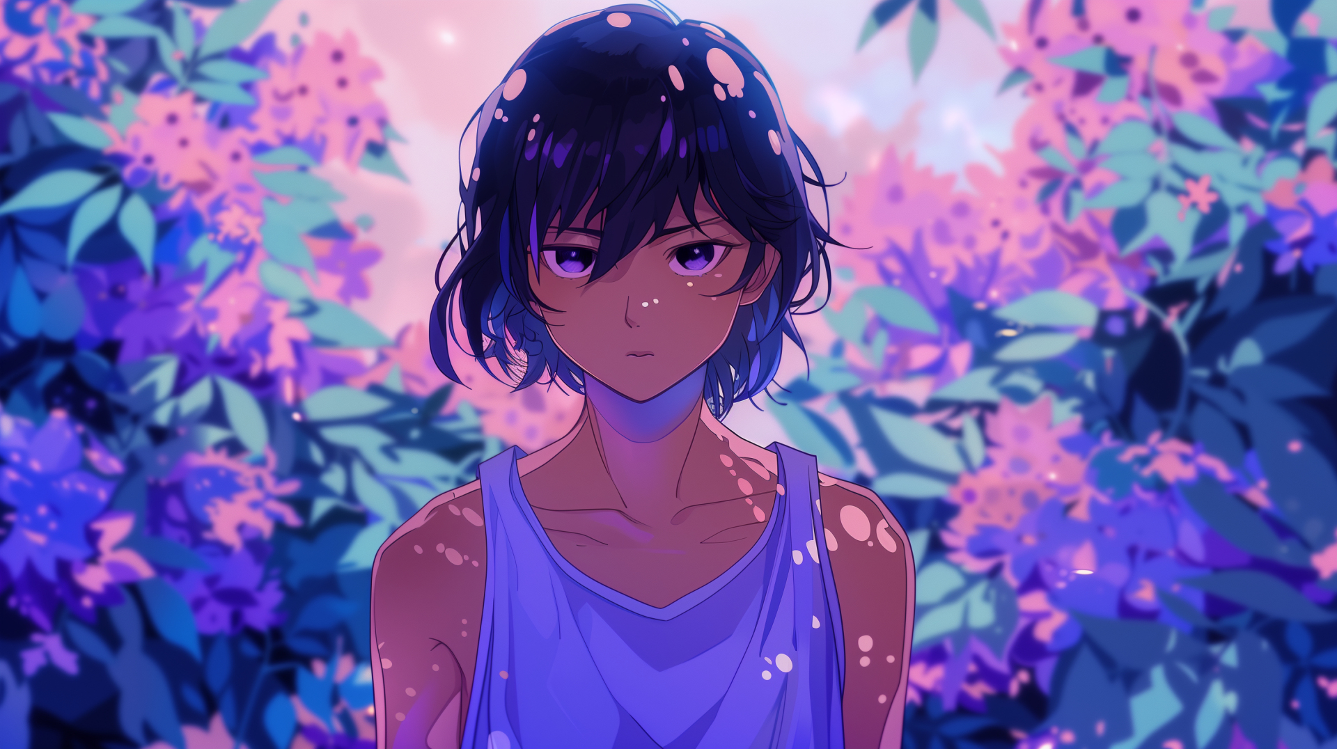 HD desktop wallpaper featuring Omori from the video game OMORI. The character stands against a background of vivid, colorful foliage, with soft lighting enhancing the serene and contemplative atmosphere.