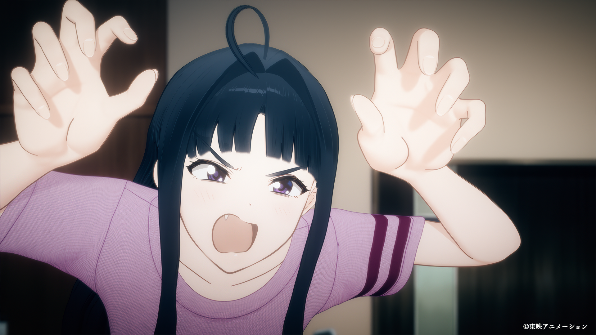 HD desktop wallpaper of an anime girl from Girls Band Cry with black hair and expressive eyes, in a playful pose with her hands raised and mouth open.
