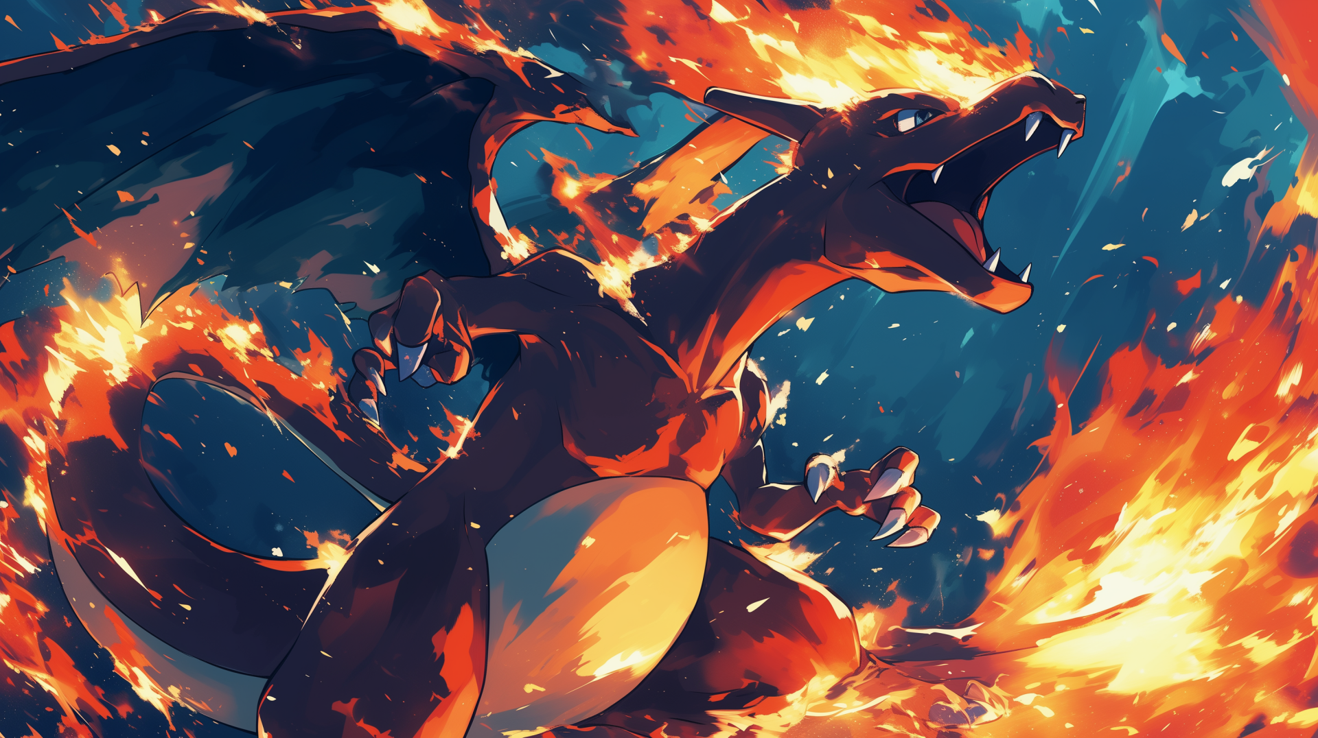 HD desktop wallpaper featuring Mega Charizard Y in a dramatic pose surrounded by flames, showcasing the power of Mega Evolution in Pokémon.