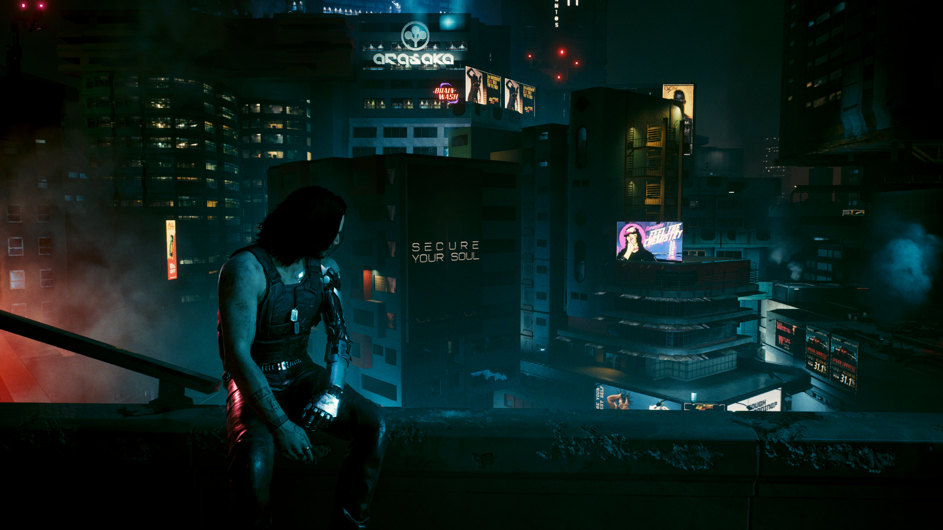 HD desktop wallpaper featuring Jonny Silverhand overlooking a neon-lit cityscape from Cyberpunk 2077: Phantom Liberty, capturing the game's dark, futuristic atmosphere.