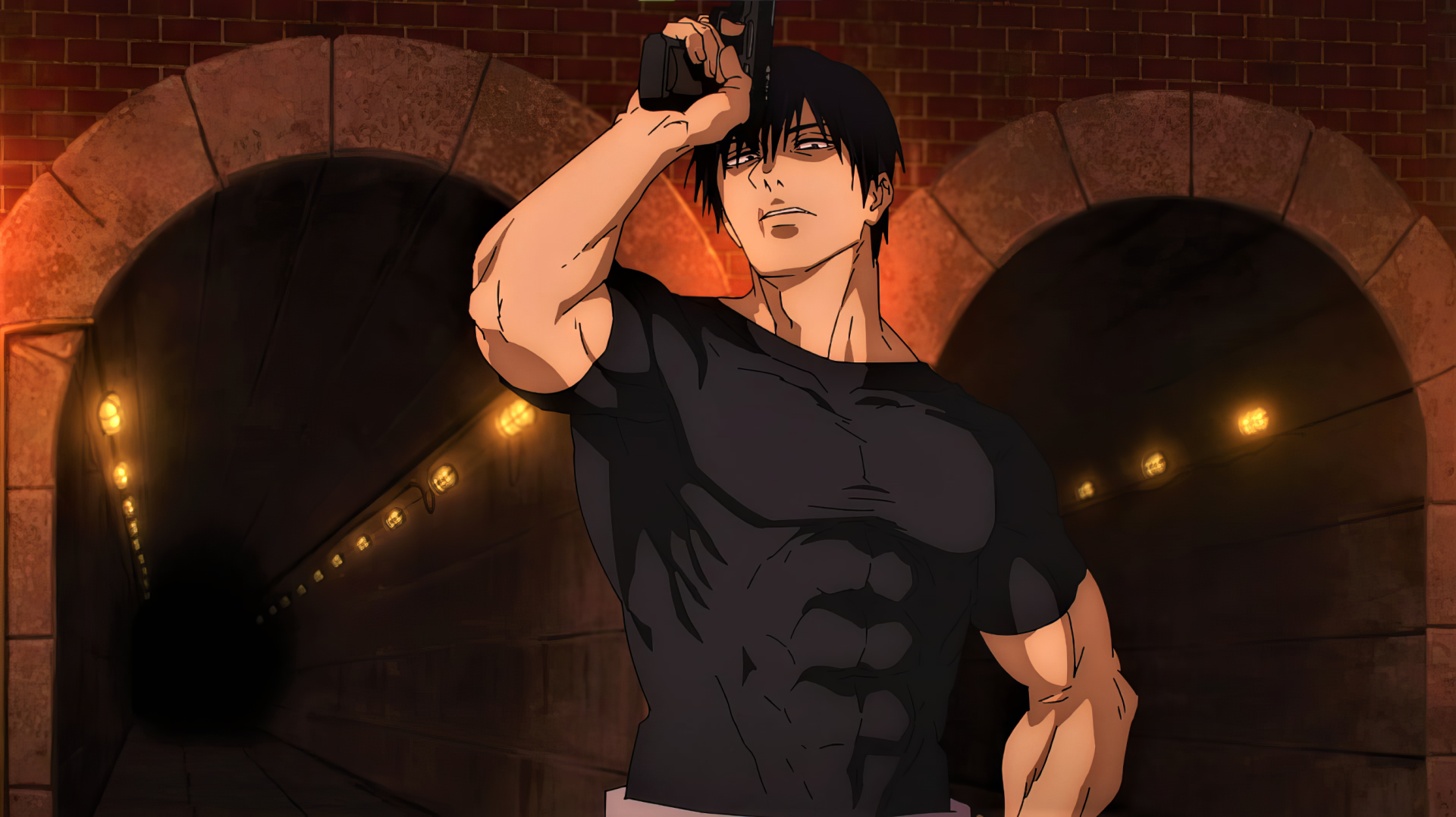 HD desktop wallpaper featuring Toji Fushiguro from the anime Jujutsu Kaisen, posing confidently in a dimly lit tunnel with brick archways.