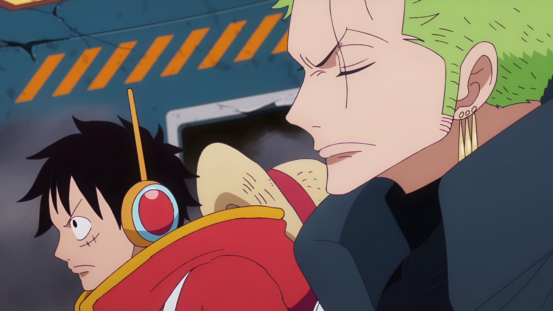 Anime One Piece 4K Ultra HD PC desktop wallpaper: close side profiles of Roronoa Zoro (green hair, earrings) and Monkey D. Luffy (red jacket, straw hat, headphones).