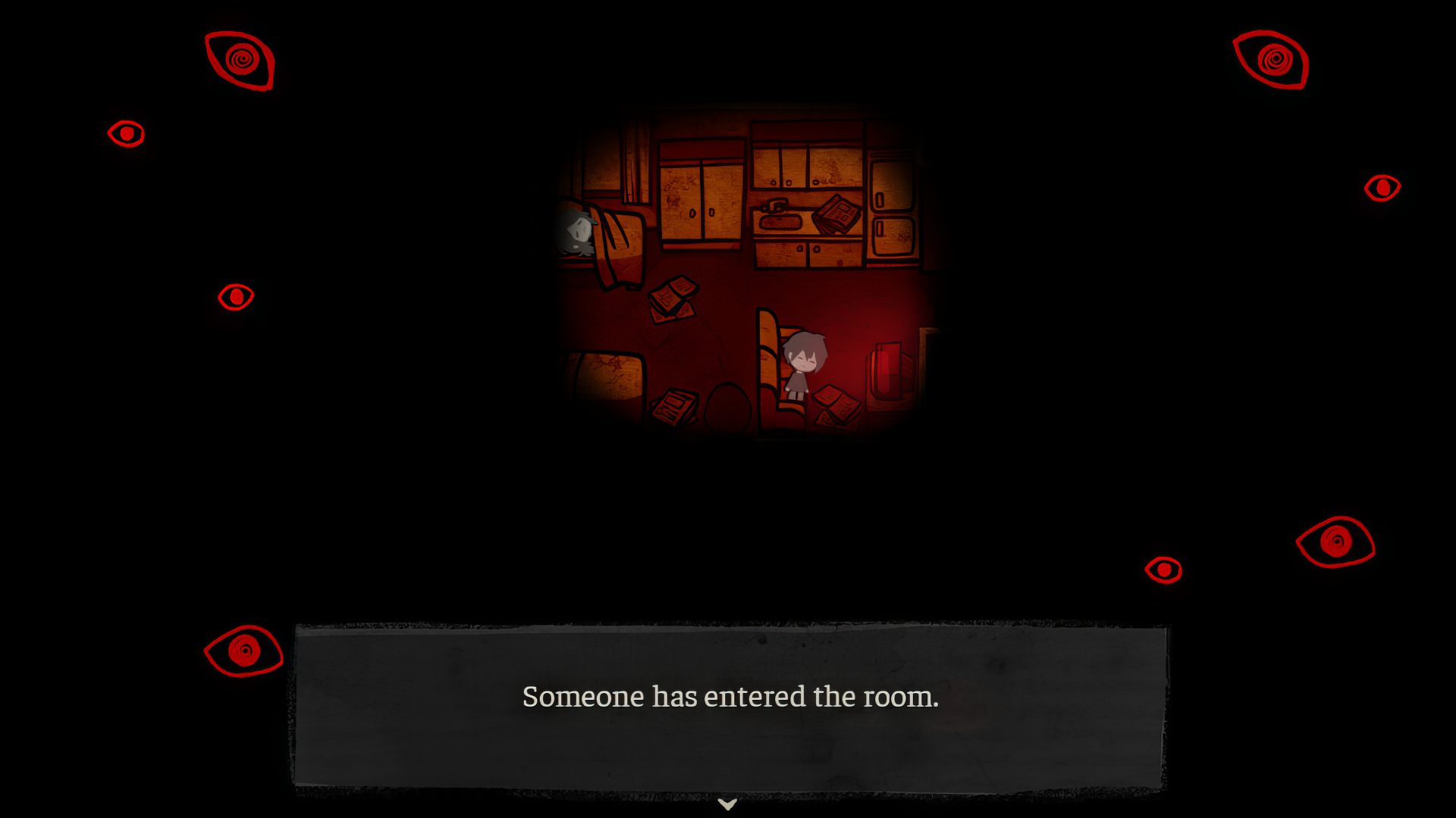 HD desktop wallpaper of the video game The Coffin of Andy and Leyley, featuring a dark room with a character inside and the text Someone has entered the room, surrounded by red eyes on a black background.