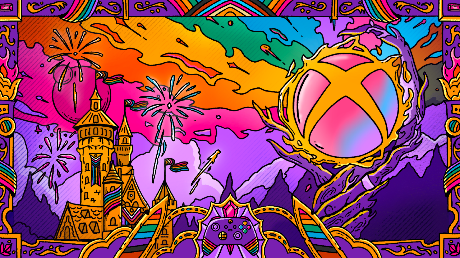 An artistic Xbox-themed HD wallpaper featuring a vibrant landscape with a castle, colorful skies, and an Xbox controller, all set against a backdrop of fireworks.