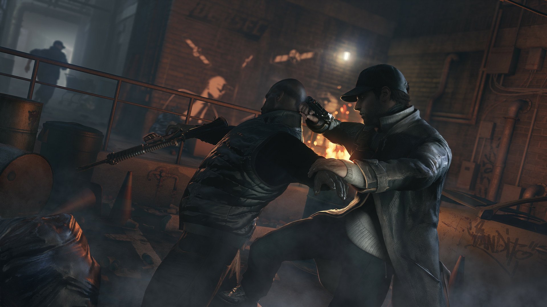 HD desktop wallpaper featuring an intense action scene from the video game Watch_Dogs with two characters in combat, engulfed in a dramatic and dimly lit urban setting.