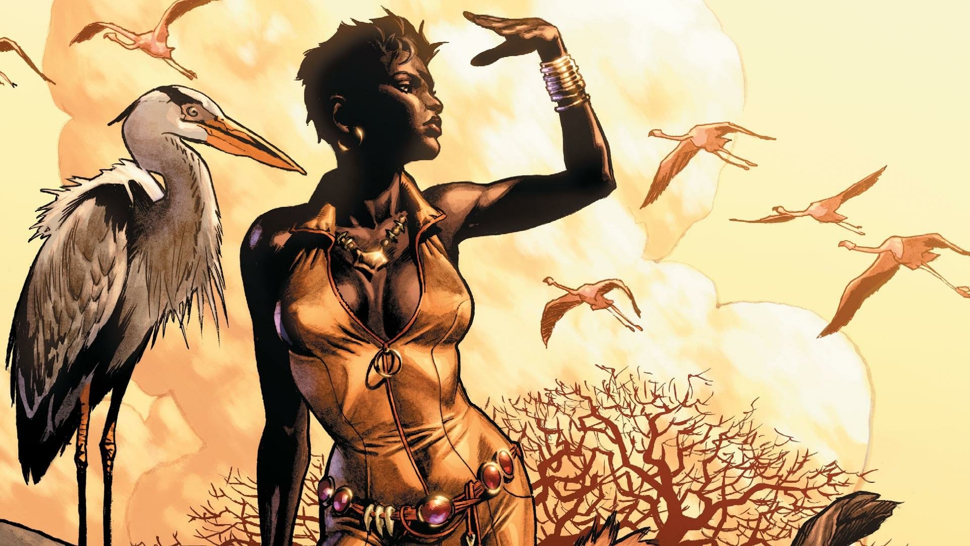 HD PC desktop wallpaper of Vixen (DC Comics) by G.J. Jones: regal heroine in a gold costume poses against a glowing sky with flying birds and a heron.