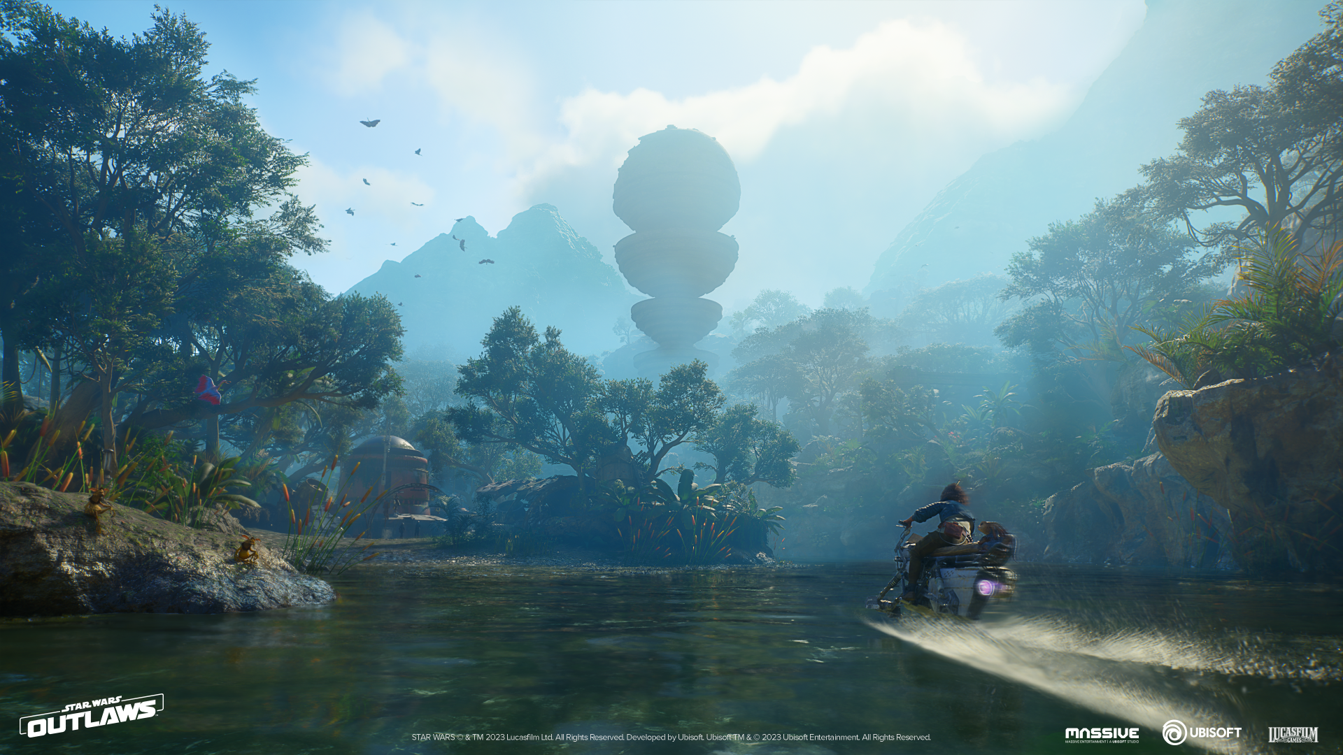 HD desktop wallpaper featuring an immersive scene from the video game Star Wars Outlaws, showcasing a lush, exotic landscape with a character speeding over water on a hoverbike.