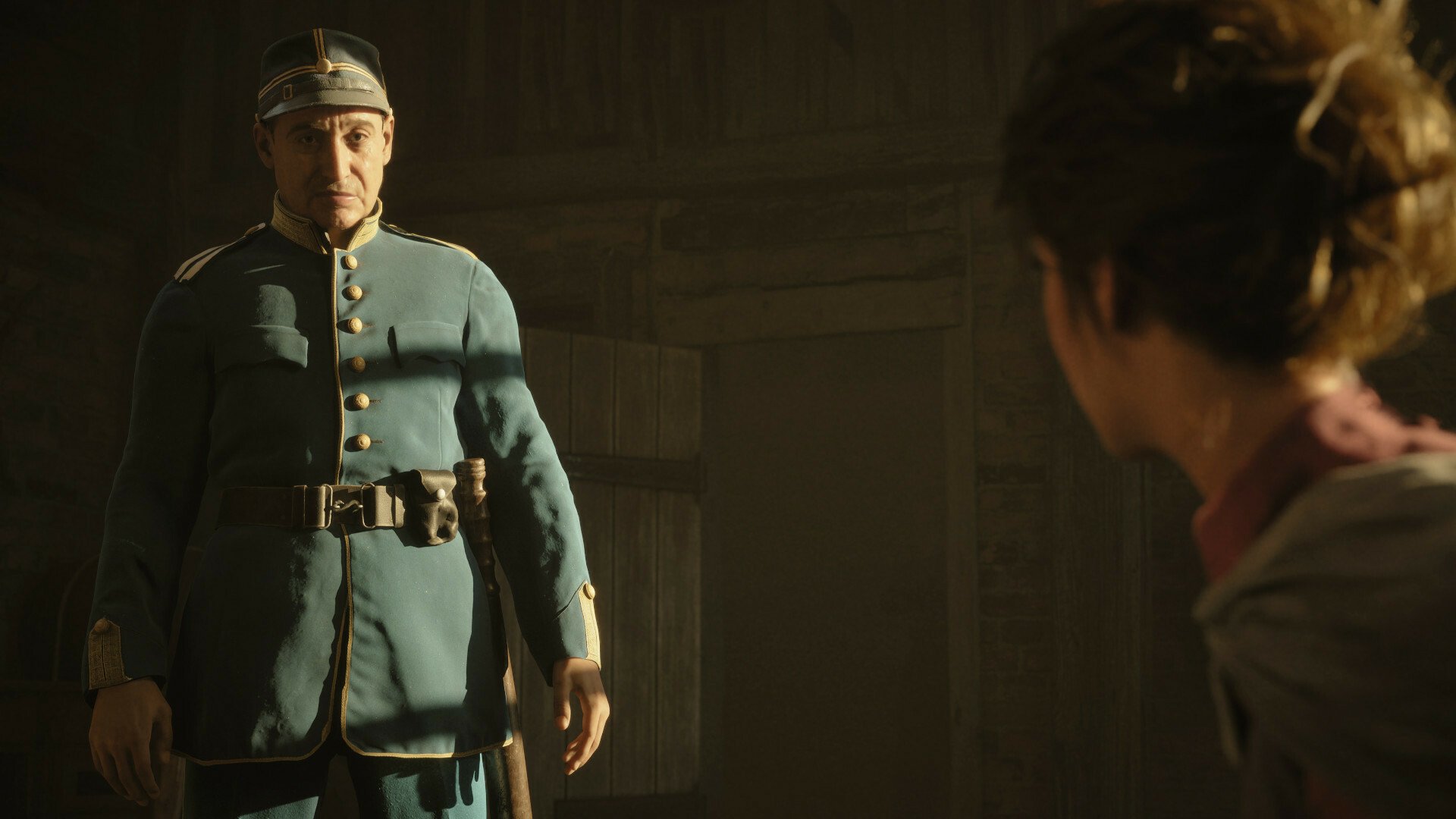 HD wallpaper from the video game “Eriksholm: The Stolen Dream,” featuring an intense scene with a uniformed officer and a person looking towards him in a dimly-lit room.