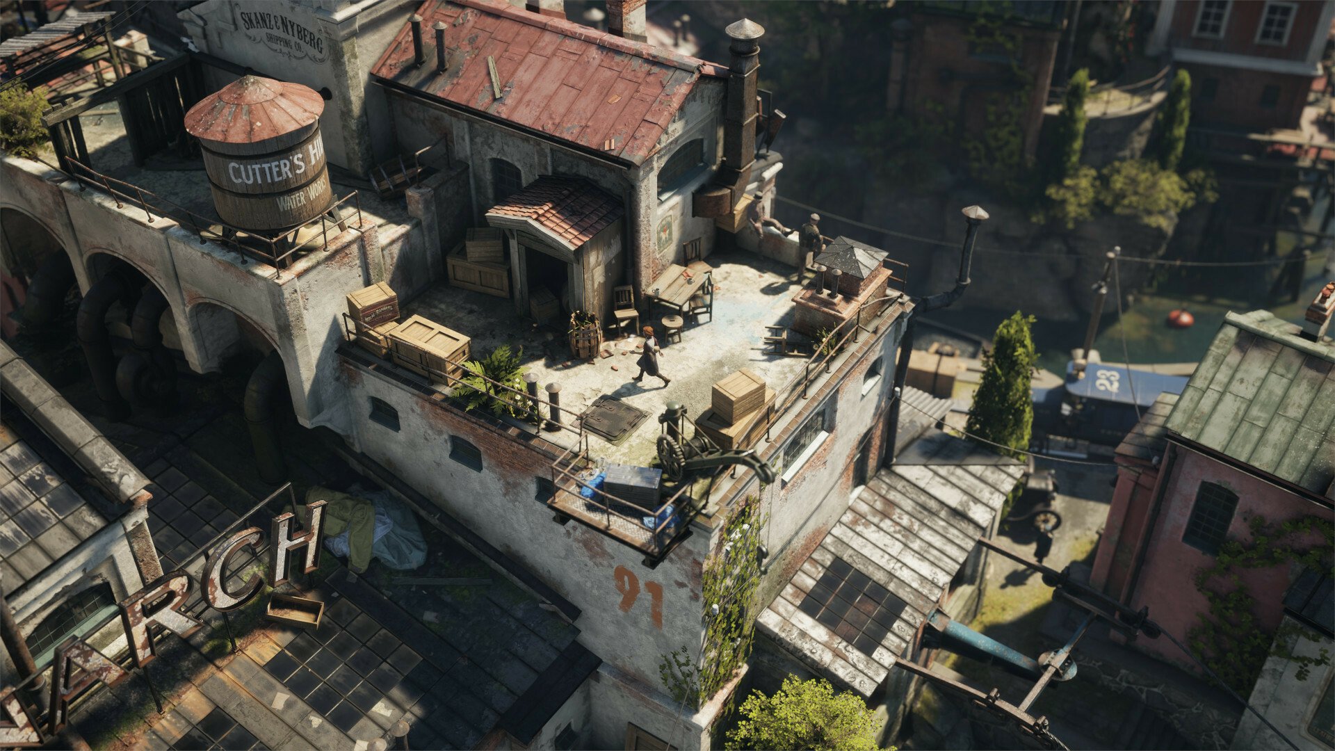 HD desktop wallpaper featuring a detailed aerial view of a rustic town setting from the video game Eriksholm: The Stolen Dream. The scene includes old buildings, rooftops, and various greenery.