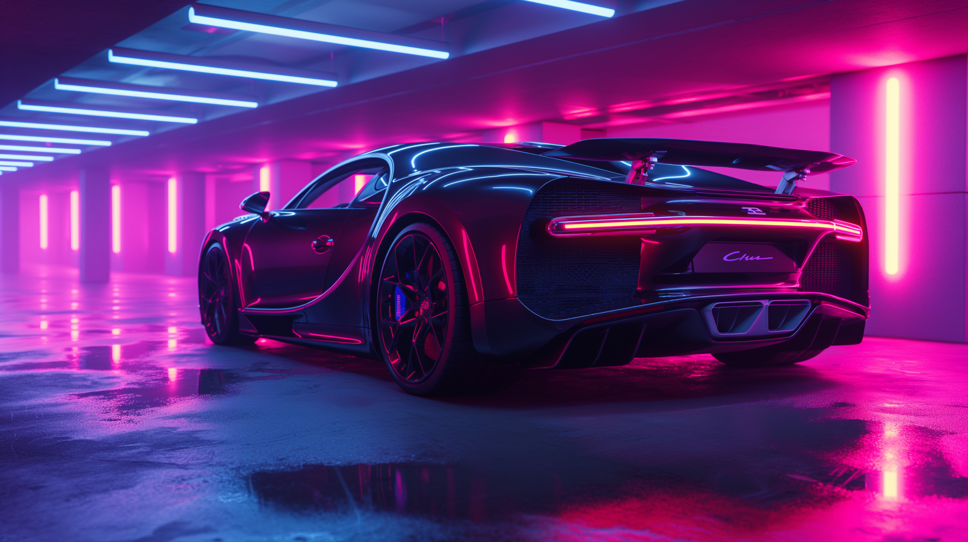 HD PC desktop wallpaper featuring a neon-lit Bugatti Chiron parked in a futuristic, glowing garage with vibrant pink and blue lighting.