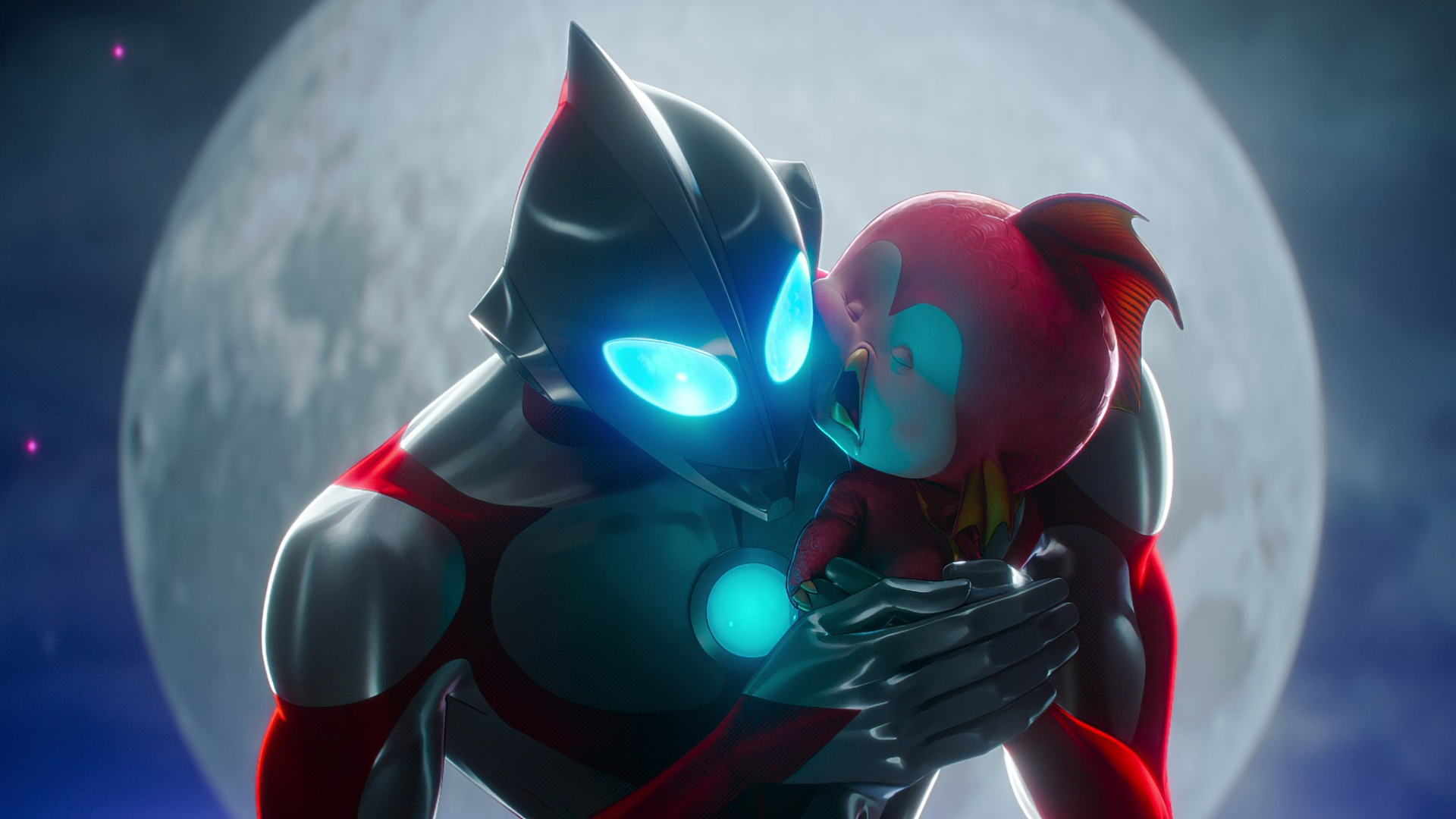 HD desktop wallpaper featuring a scene from the movie Ultraman: Rising, showcasing Ultraman cradling an adorable, red creature with a large moon in the background.