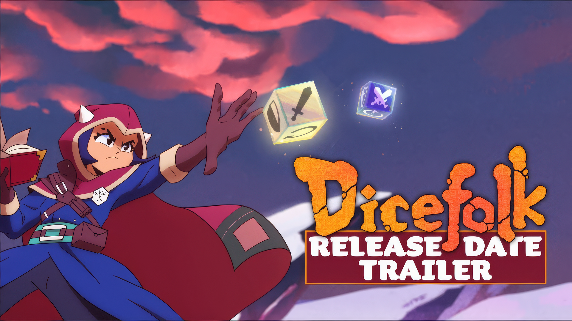 HD wallpaper featuring a Dicefolk video game character casting dice with the text Dicefolk Release Date Trailer against a dramatic sky background.